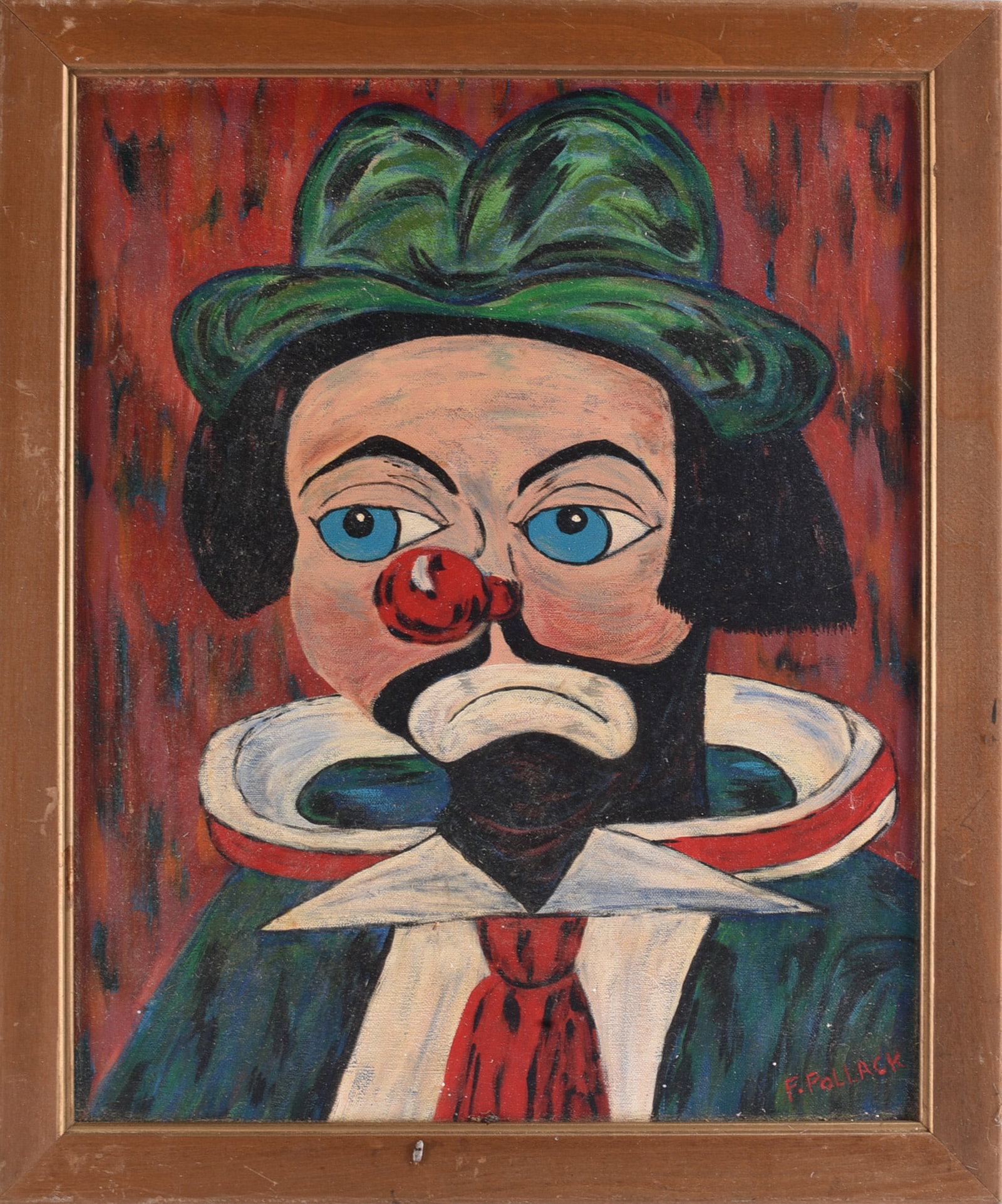 F Pollack Folky Clown Painting: F. Pollack folky clown painting depicting a somber clown in a green hat, red nose, dark jacket and oversized white collar against a red background. Signed “F. Pollack” lower right and presente