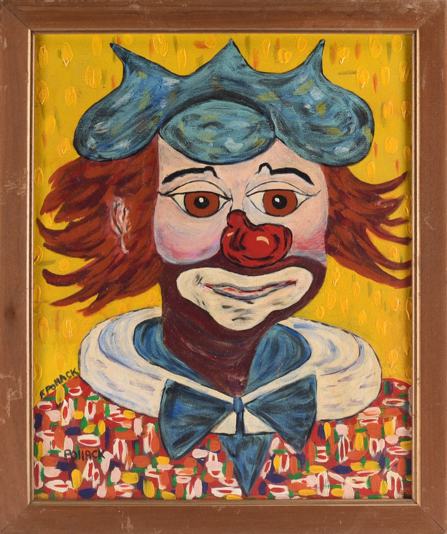 F Pollack Folky Clown Painting: Colorful folk art portrait of a clown by F. Pollack, depicting the figure with a large red nose, blue hat, bow tie, and brightly patterned costume against a vivid yellow ground. Signed within the comp