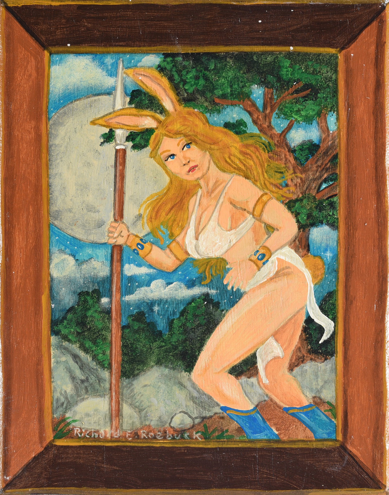 Richard Roebuck Folk Art Painting: Fantasy folk art painting by Richard E. Roebuck depicting a female figure with rabbit-like ears holding a staff beneath a large moon. Trees and rocky landscape fill the background. Executed in Roebuck