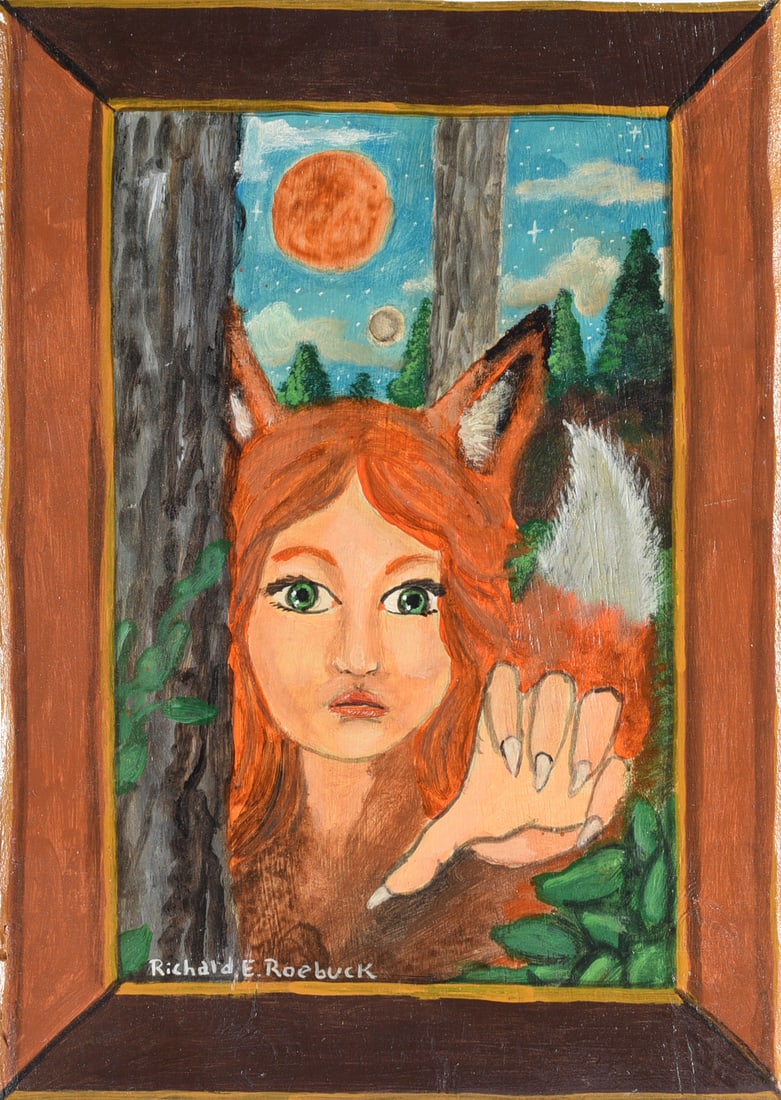 Richard Roebuck Folk Art Painting: Fantasy folk art painting by Richard E. Roebuck depicting a red-haired female figure with fox-like ears and tail emerging from a wooded landscape beneath a celestial sky. Signed Richard E. Roebuck. A 