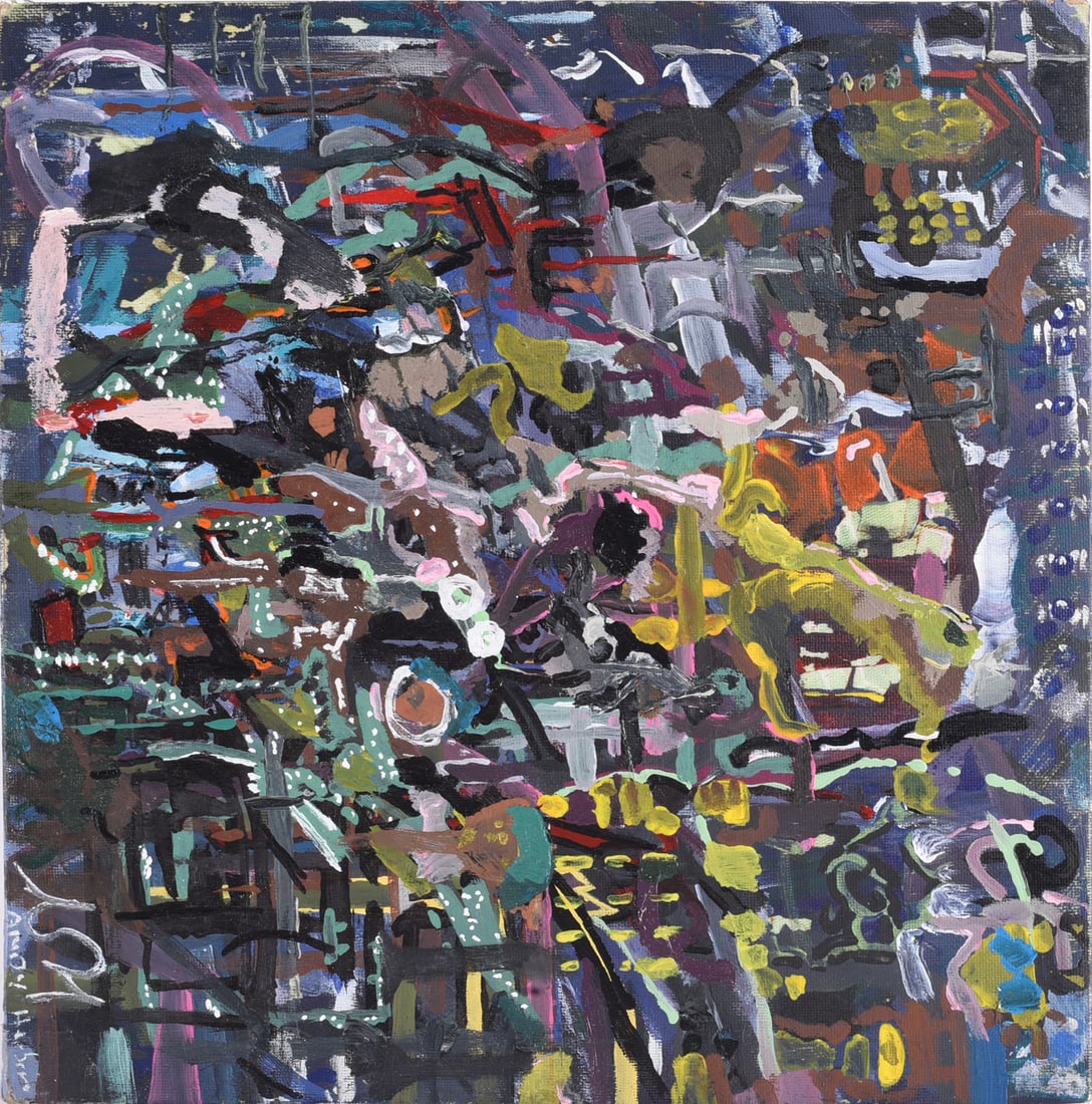 Andrew Harbin Sr. "Andy Harbin" Outsider Art Painting: Dense outsider art painting by Andrew "Andy" Harbin Sr., composed of overlapping figures, faces, gestural marks, and abstract forms worked across nearly the entire canvas. Harbin's energetic applicati