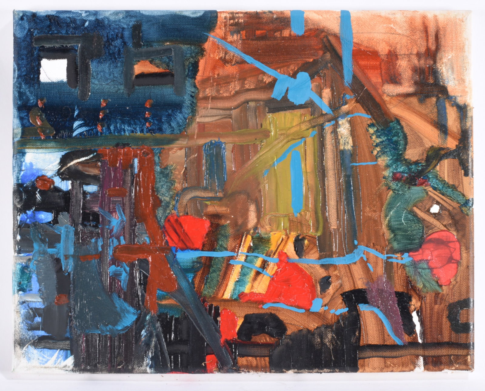 Andrew Harbin Sr. "Andy Harbin" Outsider Art Painting: Abstract outsider art painting by Andy Harbin featuring densely layered architectural and figurative forms in earthy browns, blues, reds, and greens, interrupted by energetic linear passages of bright