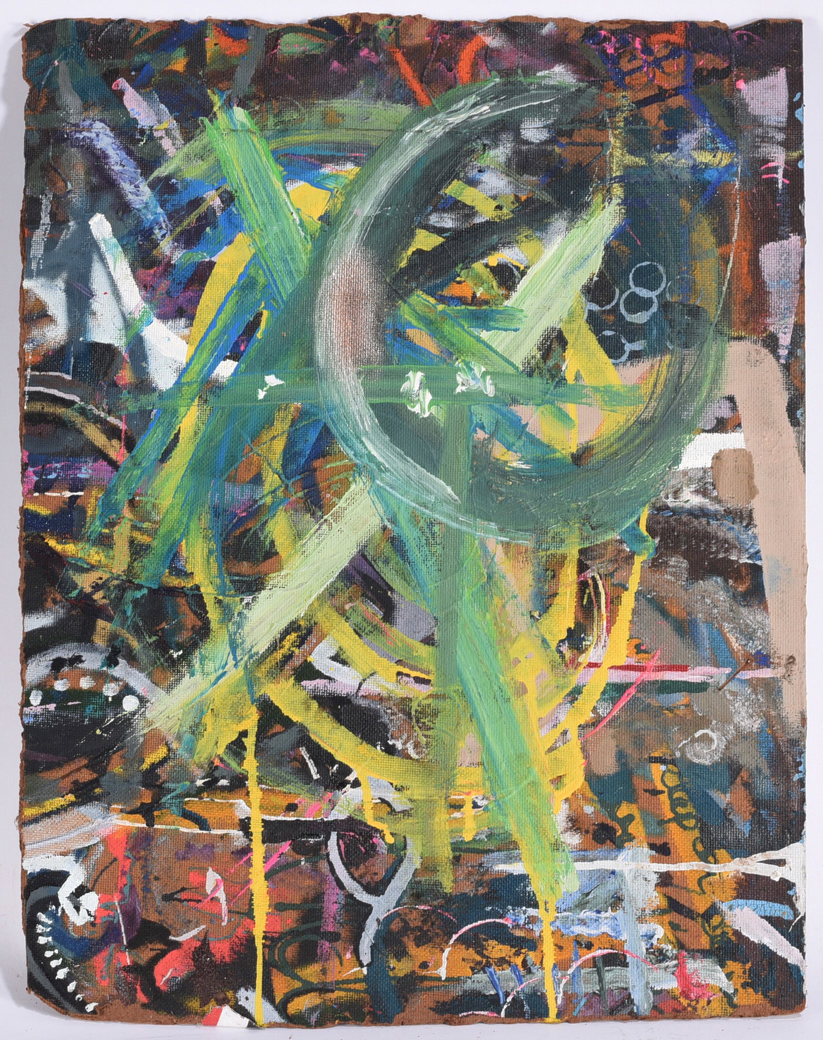 Andrew Harbin Sr. "Andy Harbin" Outsider Art Painting: Highly expressive abstract outsider art painting by Andy Harbin featuring broad green gestural strokes layered over a densely worked multicolored ground. Drips, marks, symbols, and partially obscured 