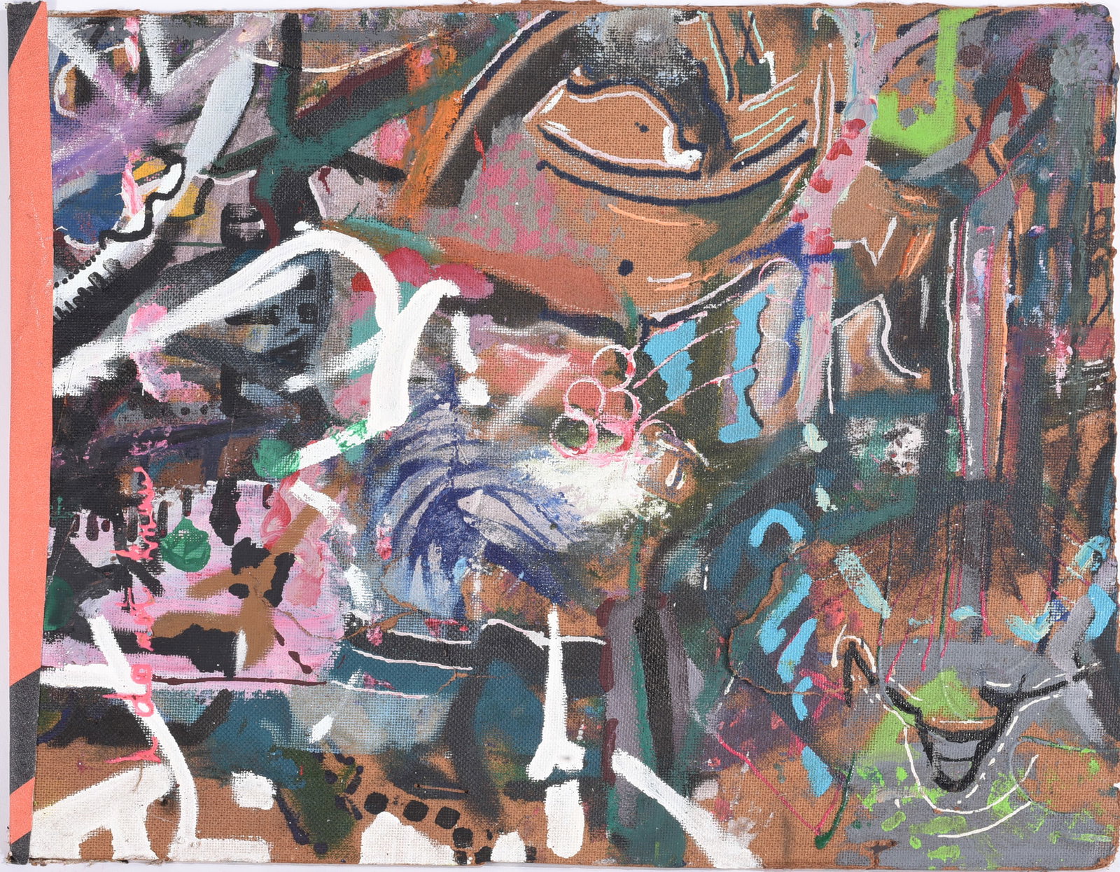 Andrew Harbin Sr. "Andy Harbin" Outsider Art Painting: Dense abstract and figurative composition by Andy Harbin featuring overlapping faces, forms, symbols, and gestural marks in white, blue, pink, green, brown, and black. The heavily layered surface demo