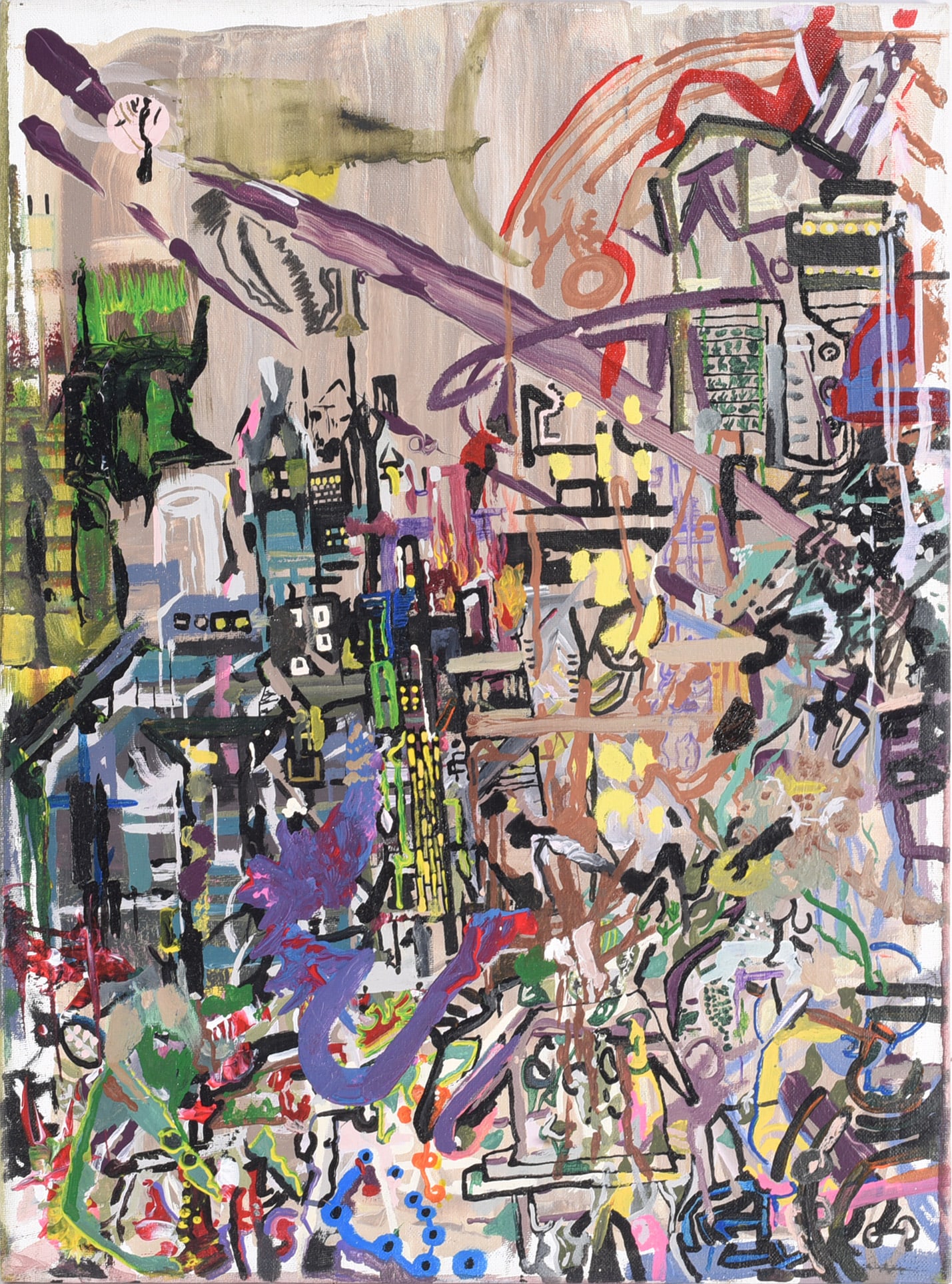 Andrew Harbin Sr. "Andy Harbin" Outsider Art Painting: Large, highly detailed outsider art composition by Andy Harbin filled with an intricate network of architectural forms, figures, symbols, lines, and brightly colored passages. The nearly all-over comp