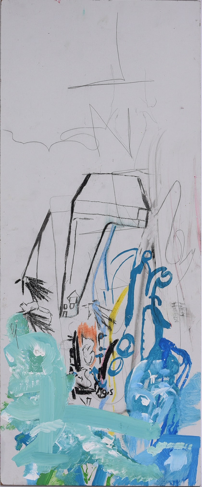 Andrew Harbin Sr. "Andy Harbin" Outsider Art Painting: Mixed-media outsider art painting by Andrew “Andy” Harbin Sr., executed with gestural pencil, ink and painted passages on a tall narrow support. The composition combines loose architectural fo