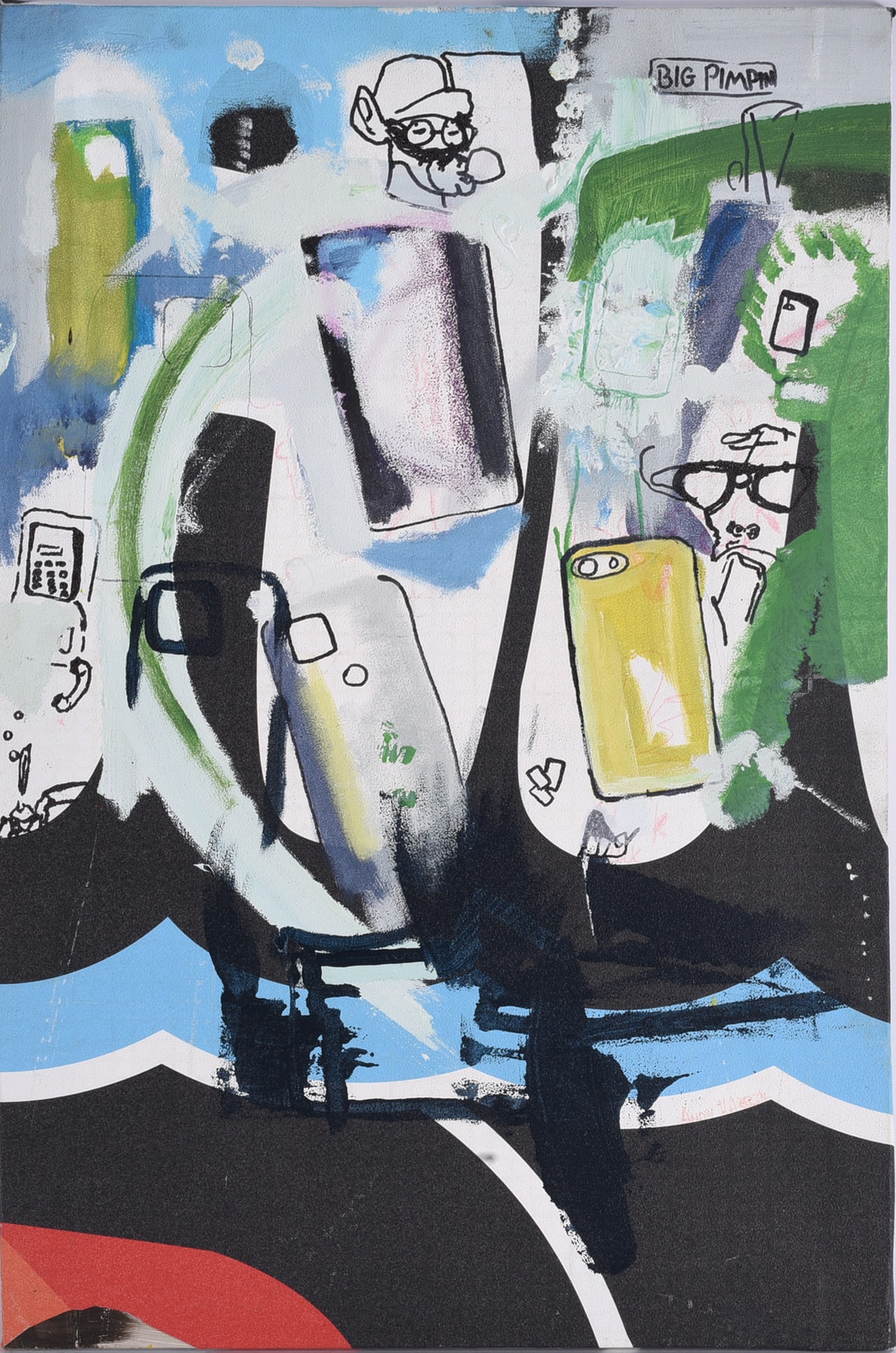Andrew Harbin Sr. "Andy Harbin" Outsider Art Painting: Outsider art painting by Andrew “Andy” Harbin Sr. featuring an energetic combination of painted fields, line-drawn figures, faces and handwritten elements. Broad areas of blue, green, black, w