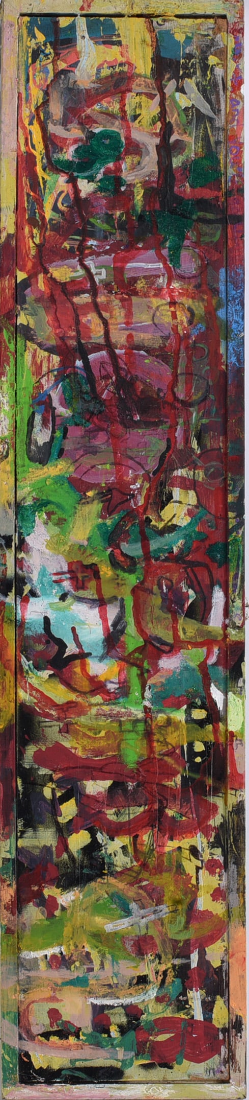 Andrew Harbin Sr. "Andy Harbin" Outsider Art Painting: Tall narrow abstract outsider art painting by Andrew “Andy” Harbin Sr., densely worked with overlapping passages of red, green, yellow, pink, black and white. Heavy layering, drips, gestural b