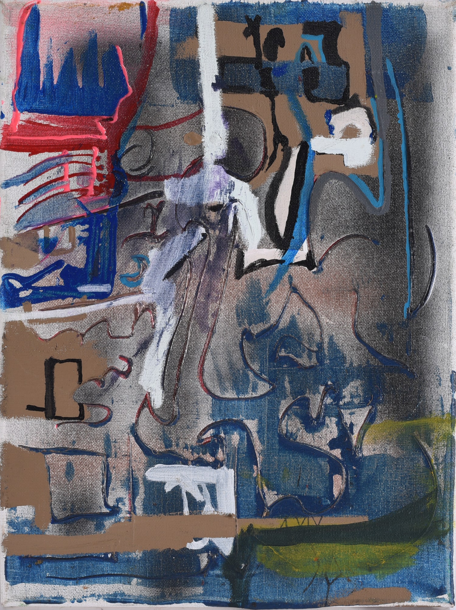 Andrew Harbin Sr. "Andy Harbin" Outsider Art Painting: Outsider art painting by Andrew “Andy” Harbin Sr. featuring an intricate arrangement of abstracted figures, faces and linear forms rendered primarily in blue, gray, black, brown and white. The
