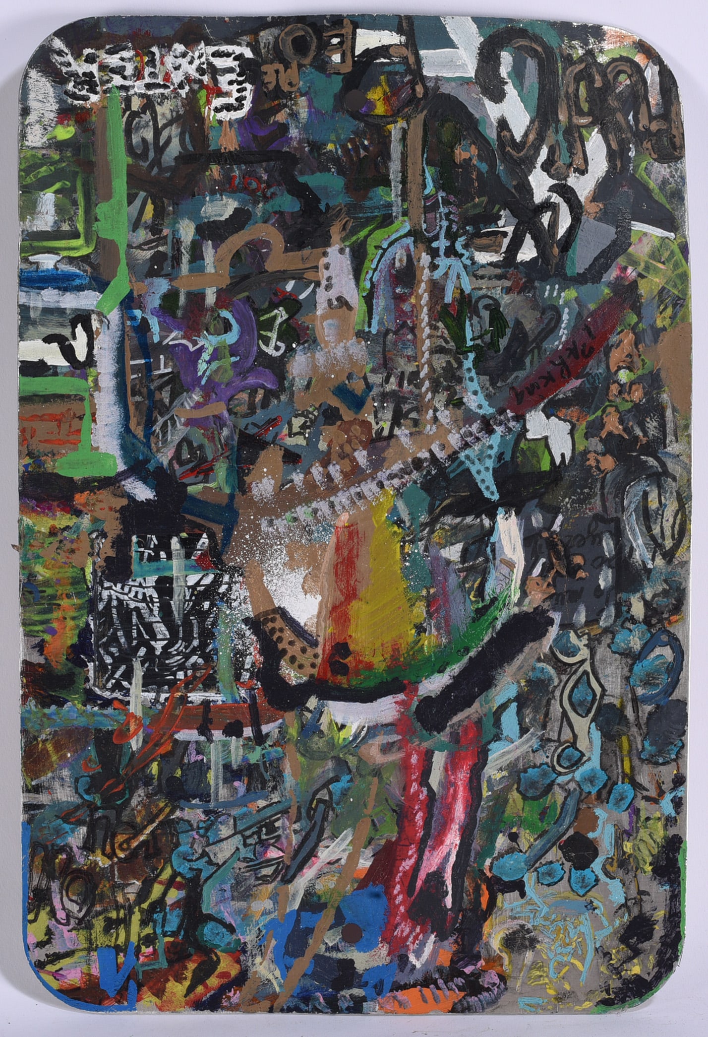 Andrew Harbin Sr. "Andy Harbin" Outsider Art Painting: Outsider art painting by Andrew “Andy” Harbin Sr. on a rounded-corner panel, covered with an elaborate network of figures, symbols and abstract forms. Painted in a broad palette of blue, green