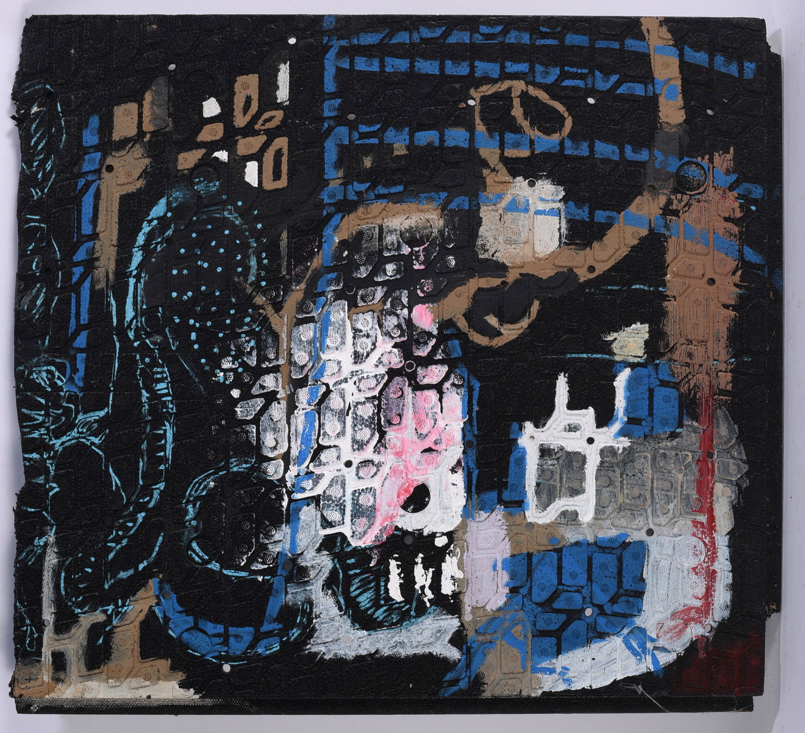 Andrew Harbin Sr. "Andy Harbin" Outsider Art Painting: Outsider art painting by Andrew “Andy” Harbin Sr. featuring a predominantly black ground with blue, tan, white, gray and pink geometric and figurative forms. Textured passages and repeating re