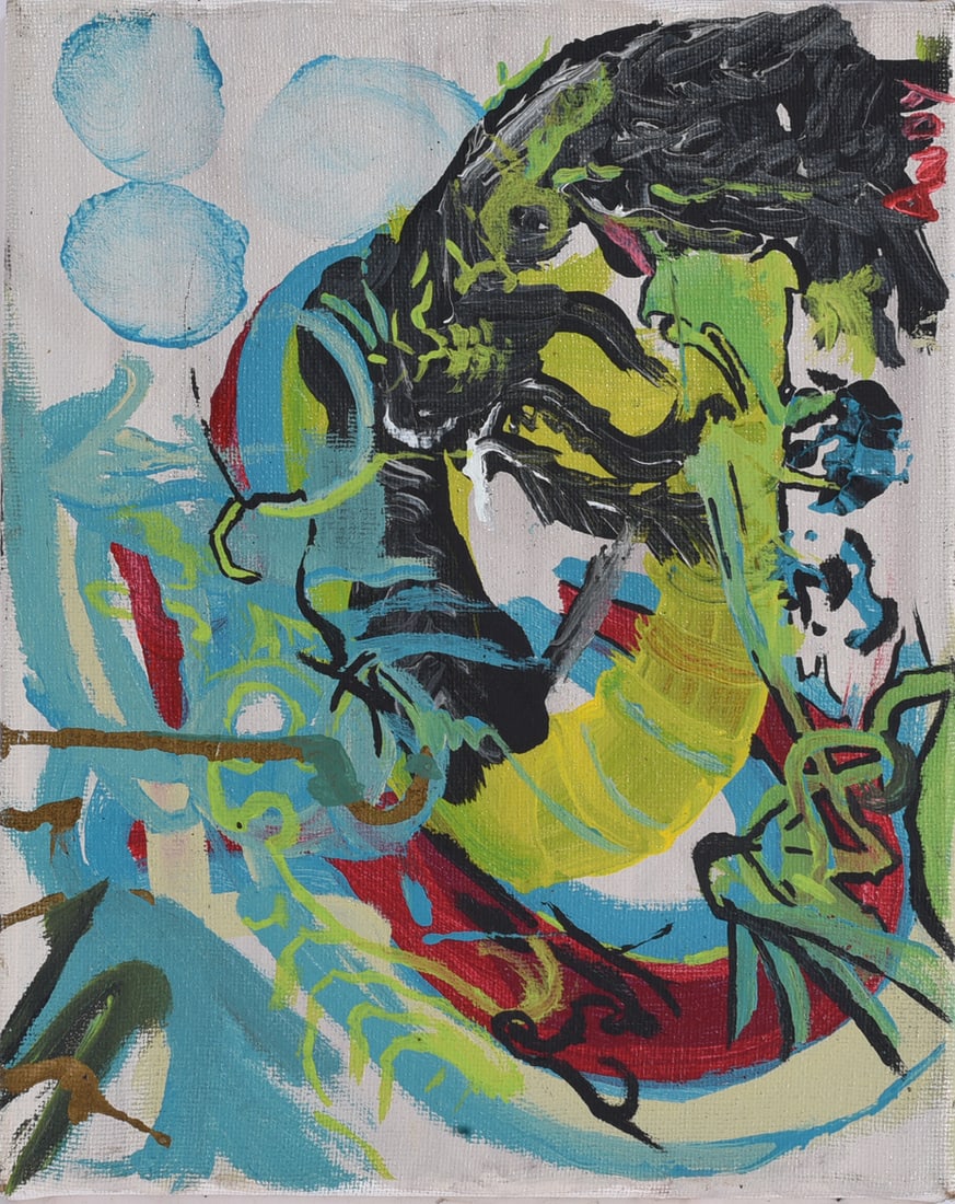 Andrew Harbin Sr. "Andy Harbin" Outsider Art Painting: Outsider art painting by Andrew “Andy” Harbin Sr. featuring a bold figurative composition in turquoise blue, lime green, black and red. A large central profile-like figure dominates the image,