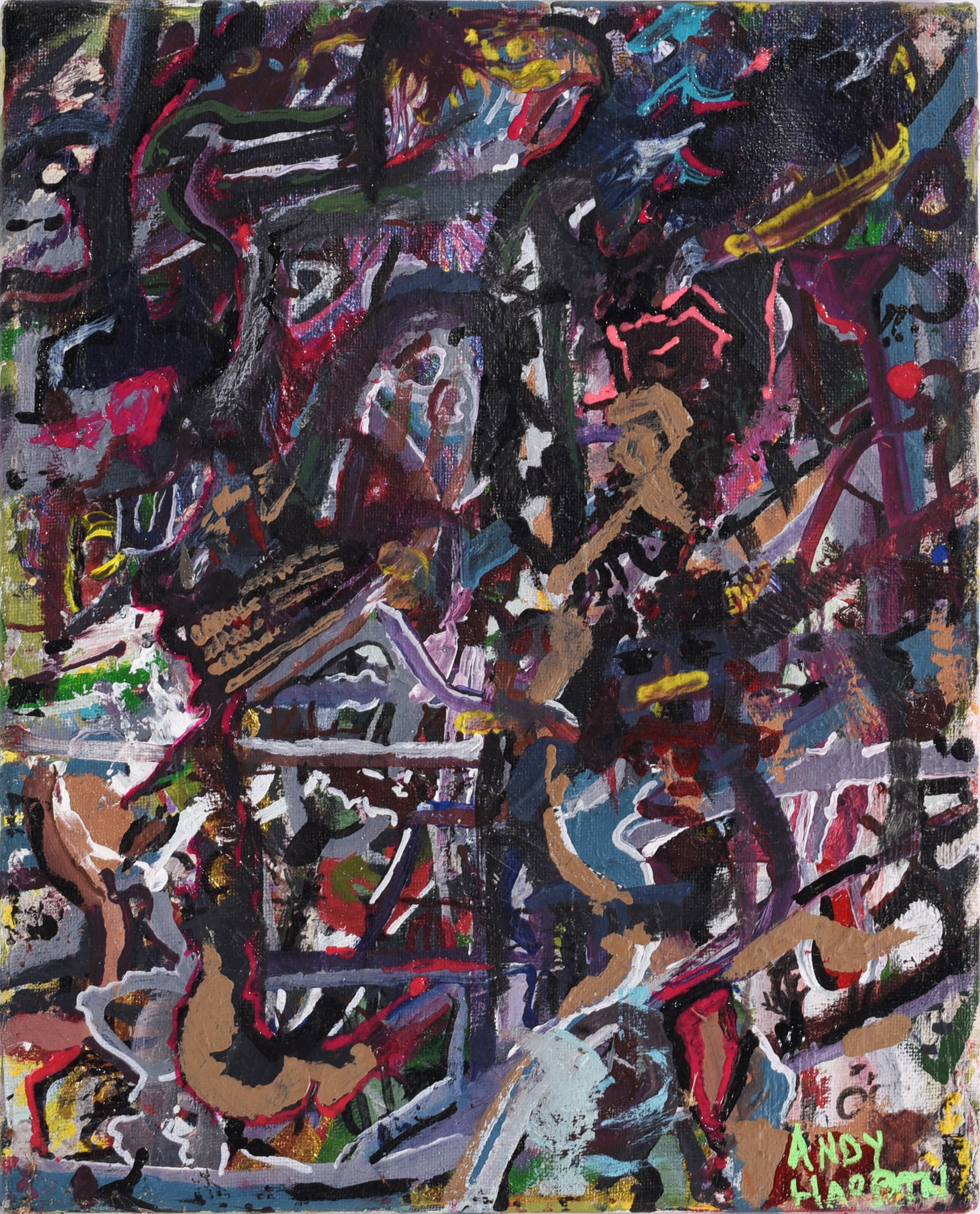 Andrew Harbin Sr. "Andy Harbin" Outsider Art Painting: Outsider art painting by Andrew “Andy” Harbin Sr. densely worked in deep black, purple, red, blue, brown and gray with numerous partially concealed figures and faces emerging from the layered 