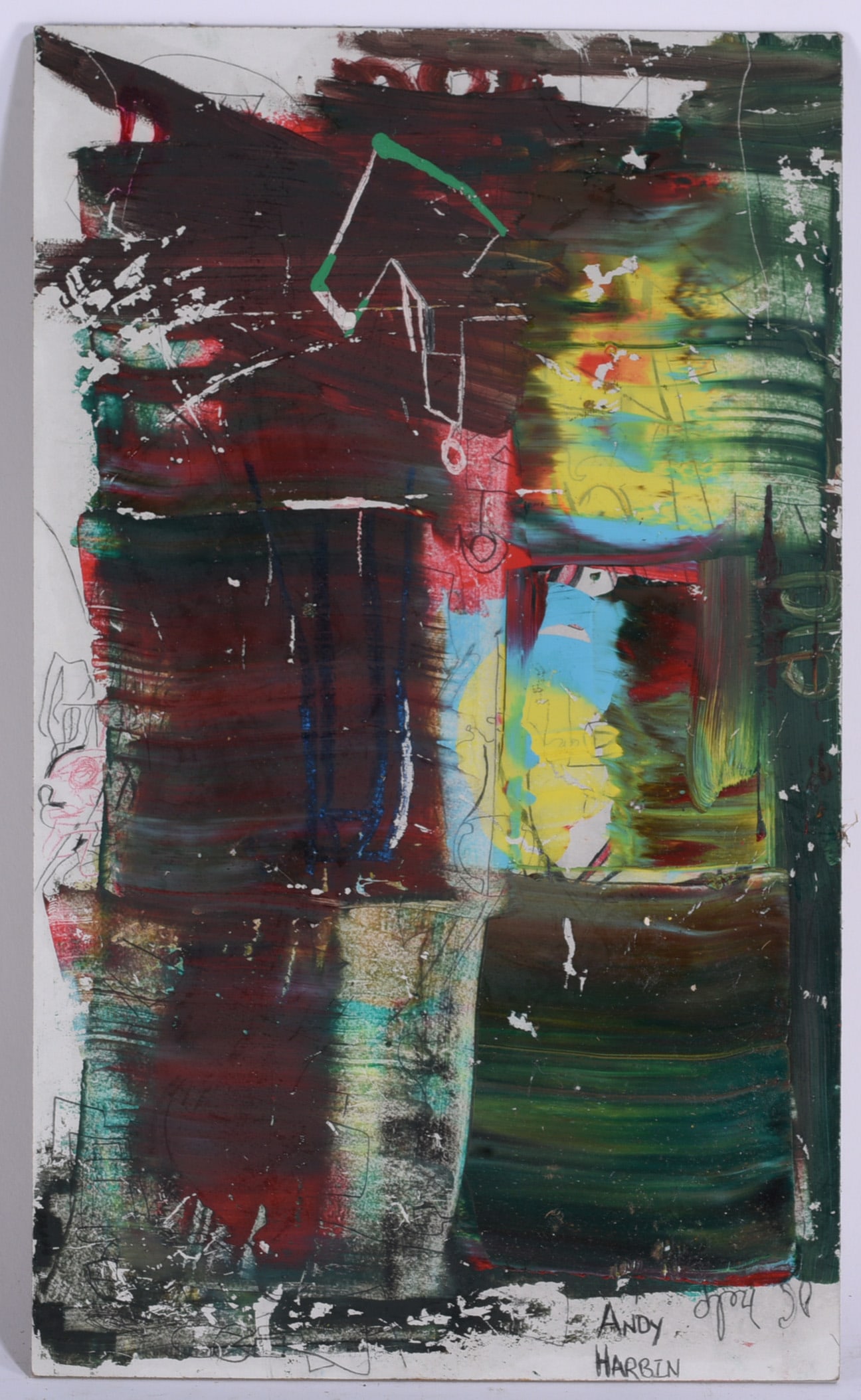 Andrew Harbin Sr. "Andy Harbin" Outsider Art Painting: Outsider art painting by Andrew “Andy” Harbin Sr. combining broad brushed passages of deep burgundy, green, black and white with areas of yellow and turquoise. Fine drawn lines and partially o