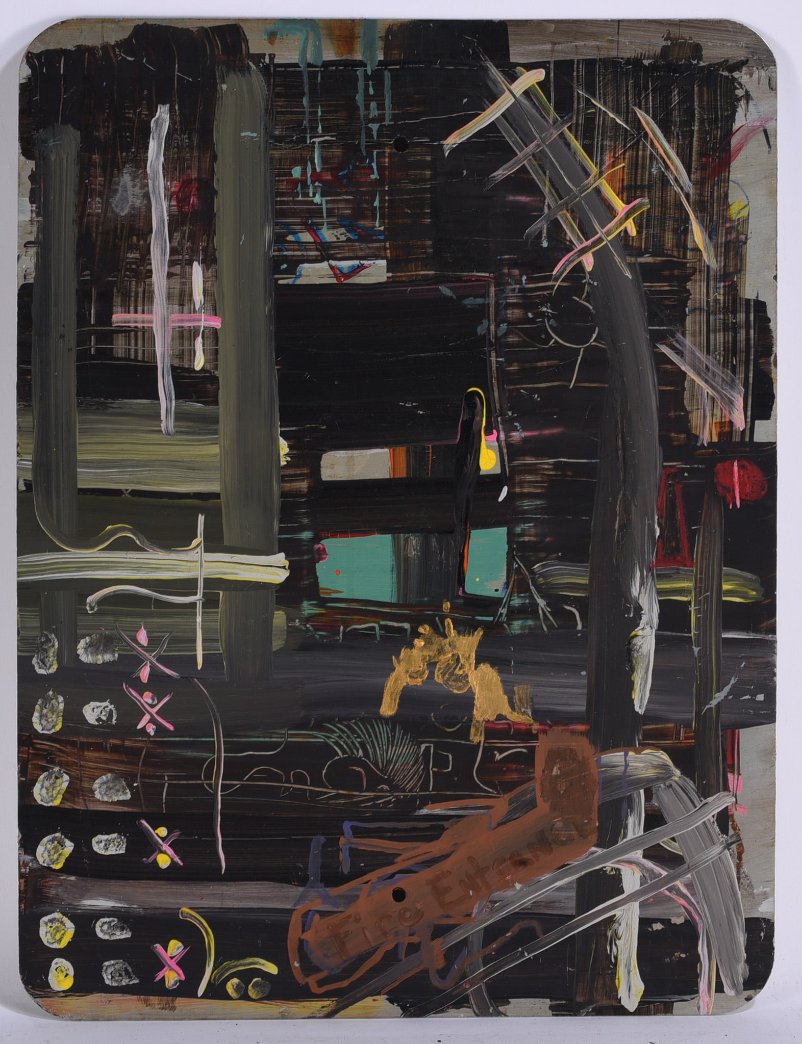Andrew Harbin Sr. "Andy Harbin" Outsider Art Painting: Outsider art painting by Andrew “Andy” Harbin Sr. on a rounded-corner panel with a predominantly dark brown and black ground. Long vertical and arcing forms are accented with gray, pink, yello