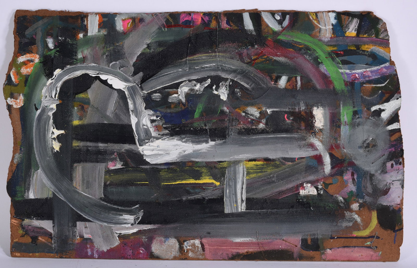 Andrew Harbin Sr. "Andy Harbin" Outsider Art Painting: Outsider art painting by Andrew “Andy” Harbin Sr. featuring a large sweeping gray-and-white form extending across a dark, densely painted ground. Beneath the dominant gesture are numerous laye
