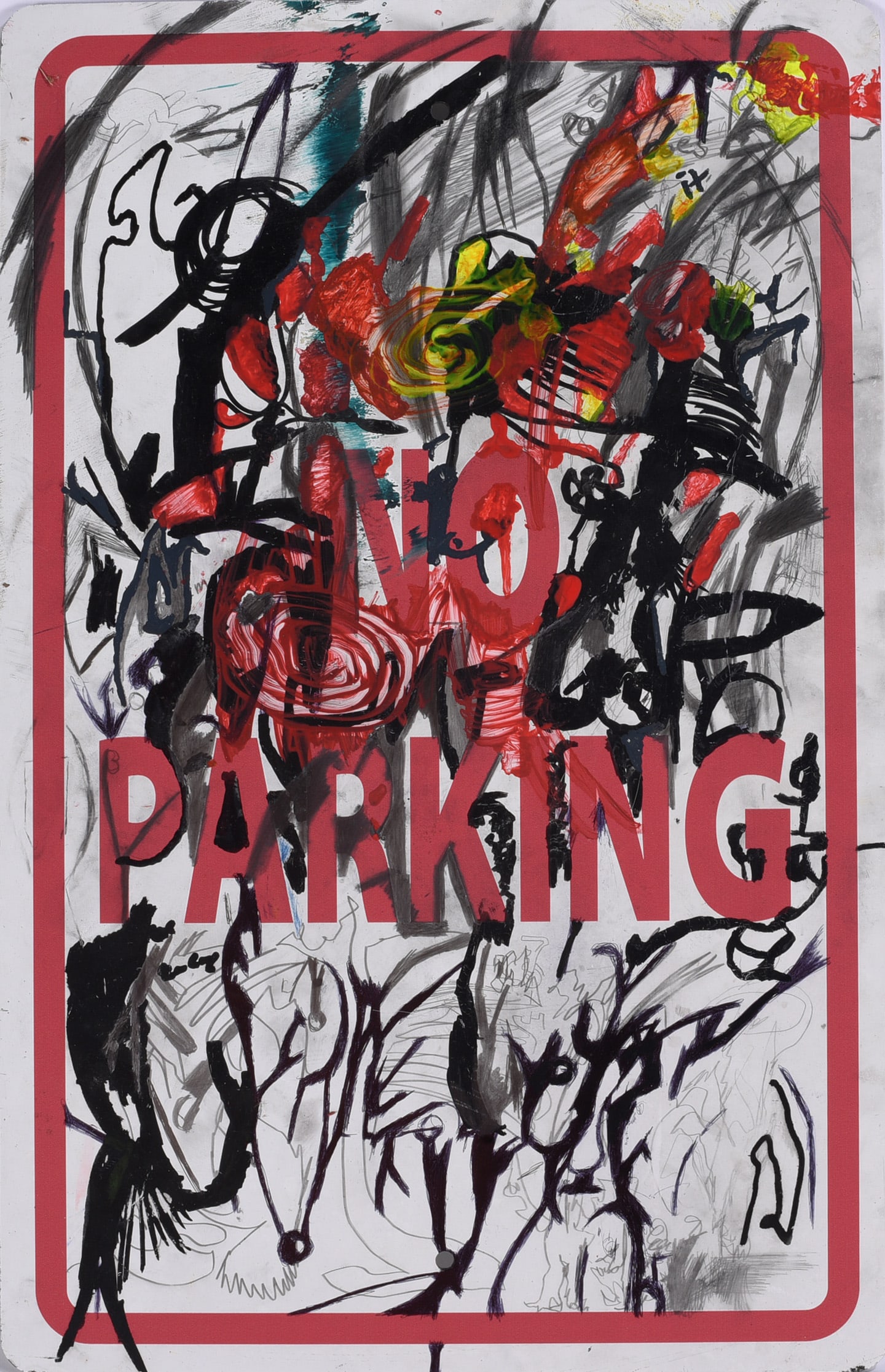 Andrew Harbin Sr. "Andy Harbin" Outsider Art Painting: Mixed-media outsider art composition by Andrew “Andy” Harbin Sr., worked over a found “No Parking” sign. Dense layers of red, black, gray, and green paint combine with energetic drawin