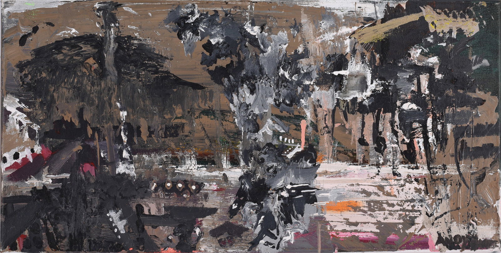 Andrew Harbin Sr. "Andy Harbin" Outsider Art Painting: Abstract outsider art painting by Andrew “Andy” Harbin Sr. featuring a dense, atmospheric field of black, gray, brown, and white. Loosely suggested figures and architectural forms emerge from 