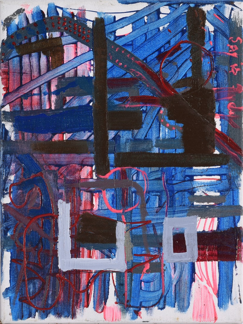 Andrew Harbin Sr. "Andy Harbin" Outsider Art Painting: Abstract outsider art painting by Andrew “Andy” Harbin Sr. dominated by vivid blues with intersecting black structural forms, red and pink linear passages, and layered geometric shapes. The en
