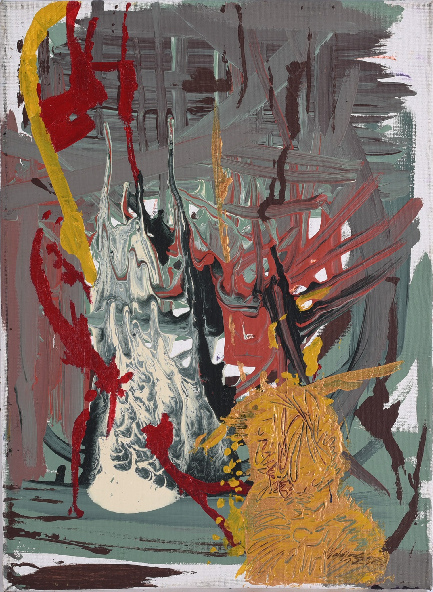Andrew Harbin Sr. "Andy Harbin" Outsider Art Painting: Abstract outsider art painting by Andrew “Andy” Harbin Sr. featuring a complex field of gestural marks and fragmented imagery in green, red, gray, yellow, black, and white. Broad strokes and l