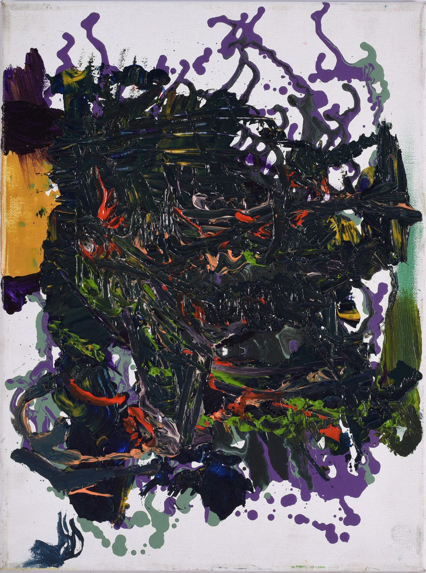 Andrew Harbin Sr. "Andy Harbin" Outsider Art Painting: Abstract outsider art painting by Andrew “Andy” Harbin Sr. with a gray ground animated by bold red, yellow, black, and marbled passages. Thick poured and brushed paint creates dramatic vertica