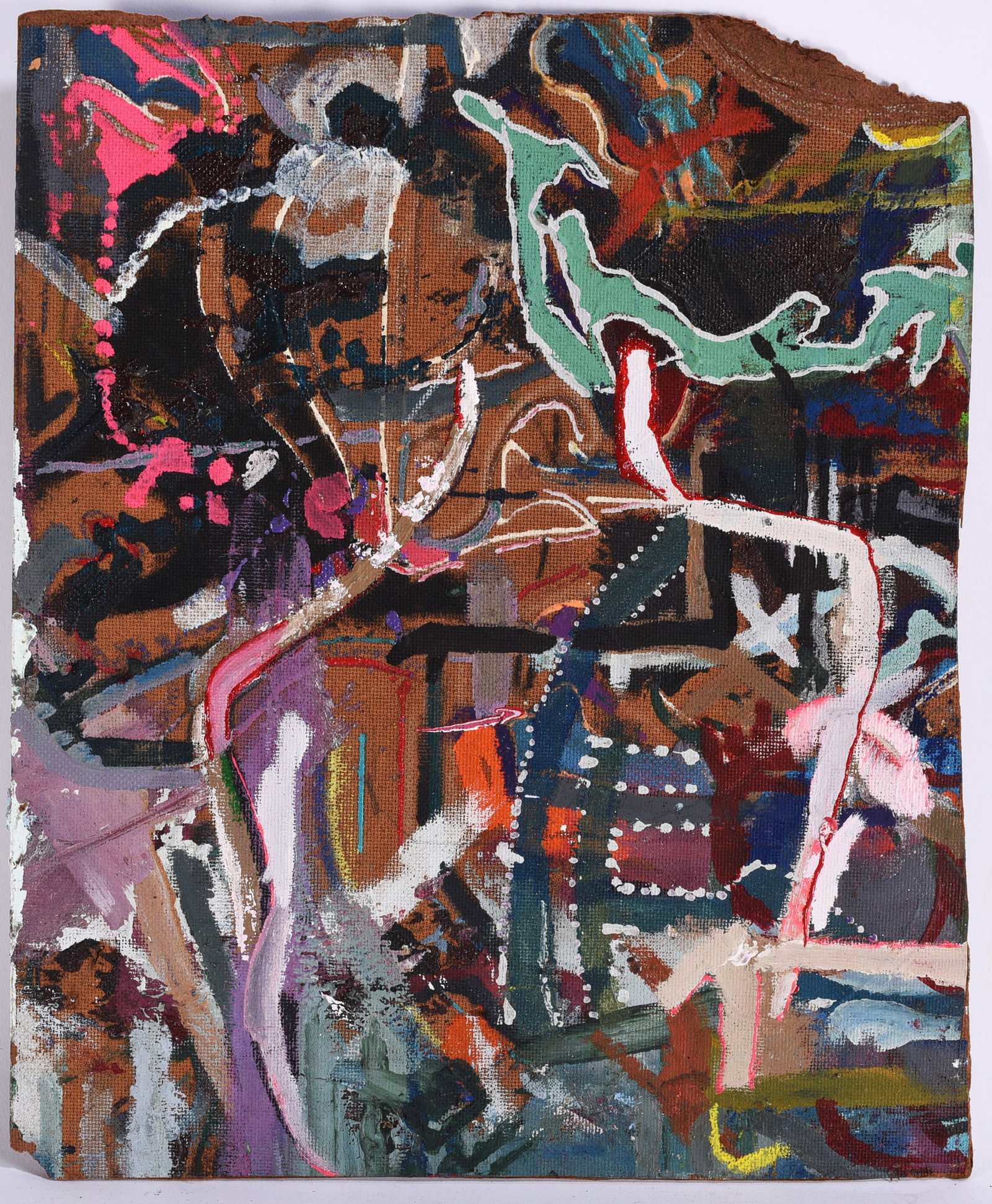 Andrew Harbin Sr. "Andy Harbin" Outsider Art Painting: Abstract outsider art painting by Andrew “Andy” Harbin Sr. on an irregularly shaped support. Dark blues, browns, black, white, and green are layered with looping lines, gestural symbols, and f