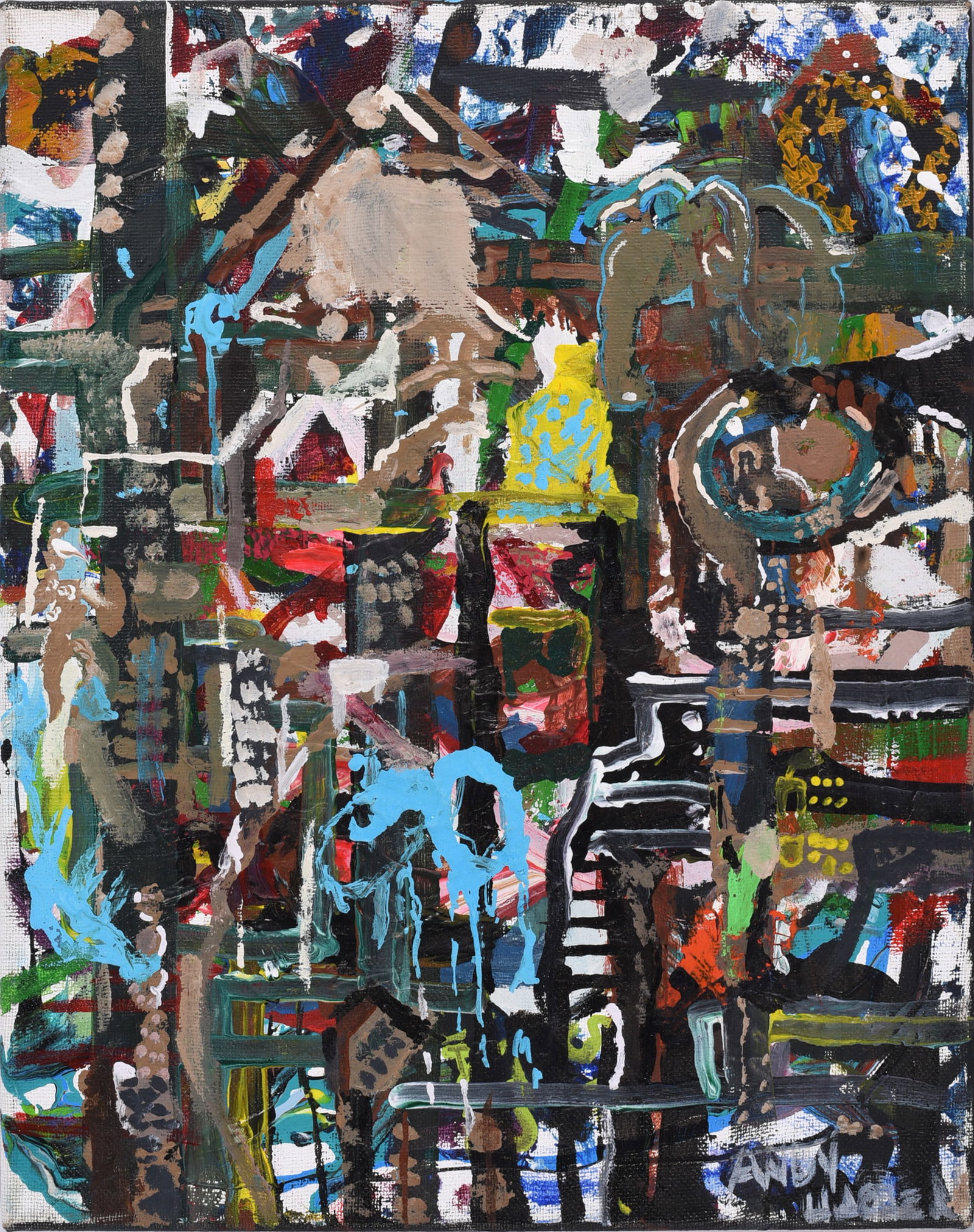 Andrew Harbin Sr. "Andy Harbin" Outsider Art Painting: Abstract outsider art painting by Andrew “Andy” Harbin Sr. featuring layered figural and gestural imagery in brown, black, pink, green, white, red, and blue. Energetic brushwork and outlined f