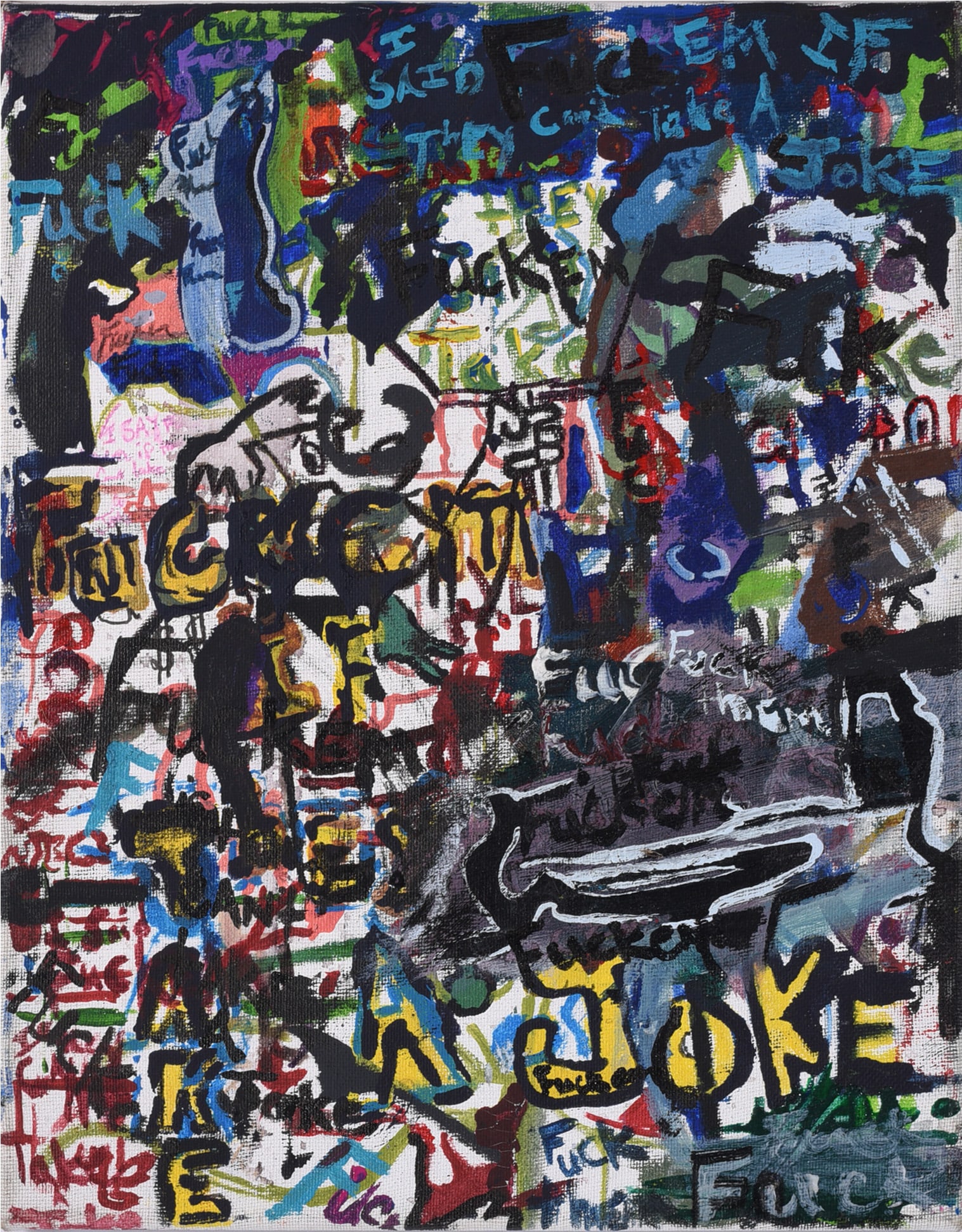 Andrew Harbin Sr. "Andy Harbin" Outsider Art Painting: Dense abstract outsider art painting by Andrew “Andy” Harbin Sr. combining loosely recognizable figures, objects, and architectural forms within a heavily layered field of black, brown, blue, 