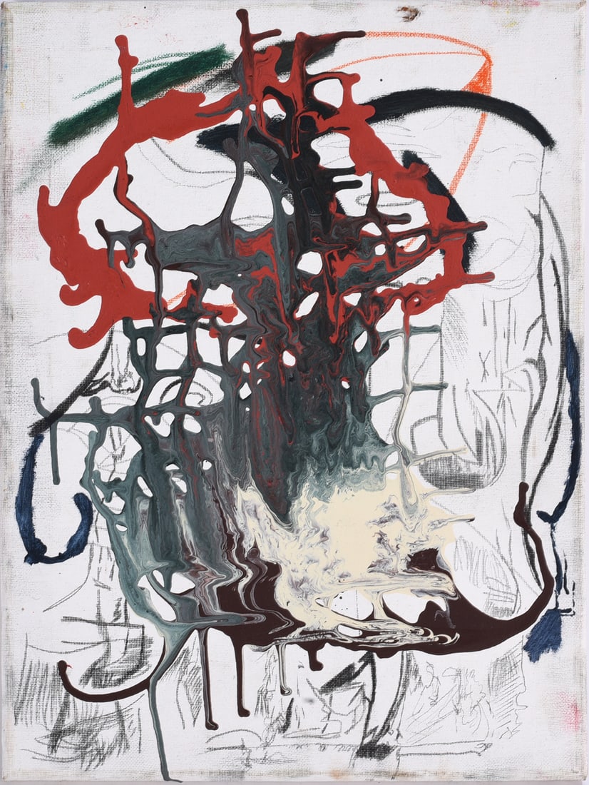 Andrew Harbin Sr. "Andy Harbin" Outsider Art Painting: Graphic outsider art painting by Andrew “Andy” Harbin Sr. incorporating words, symbols, figures, and fragmented imagery in a densely layered composition. Bold passages of black, blue, red, gre