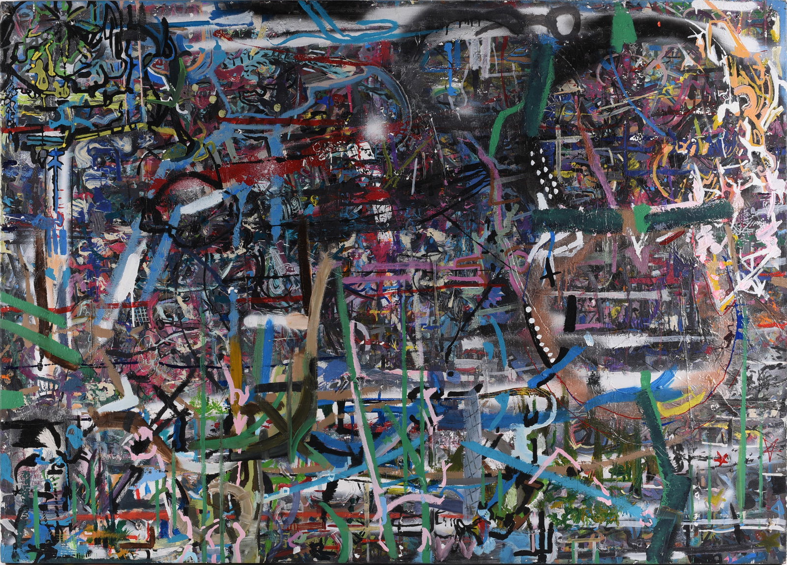 Andrew Harbin Sr. "Andy Harbin" Outsider Art Painting: Abstract outsider art painting by Andrew “Andy” Harbin Sr. combining poured and brushed paint with underlying pencil and linear drawing. Red, gray, cream, brown, and black paint forms an organ