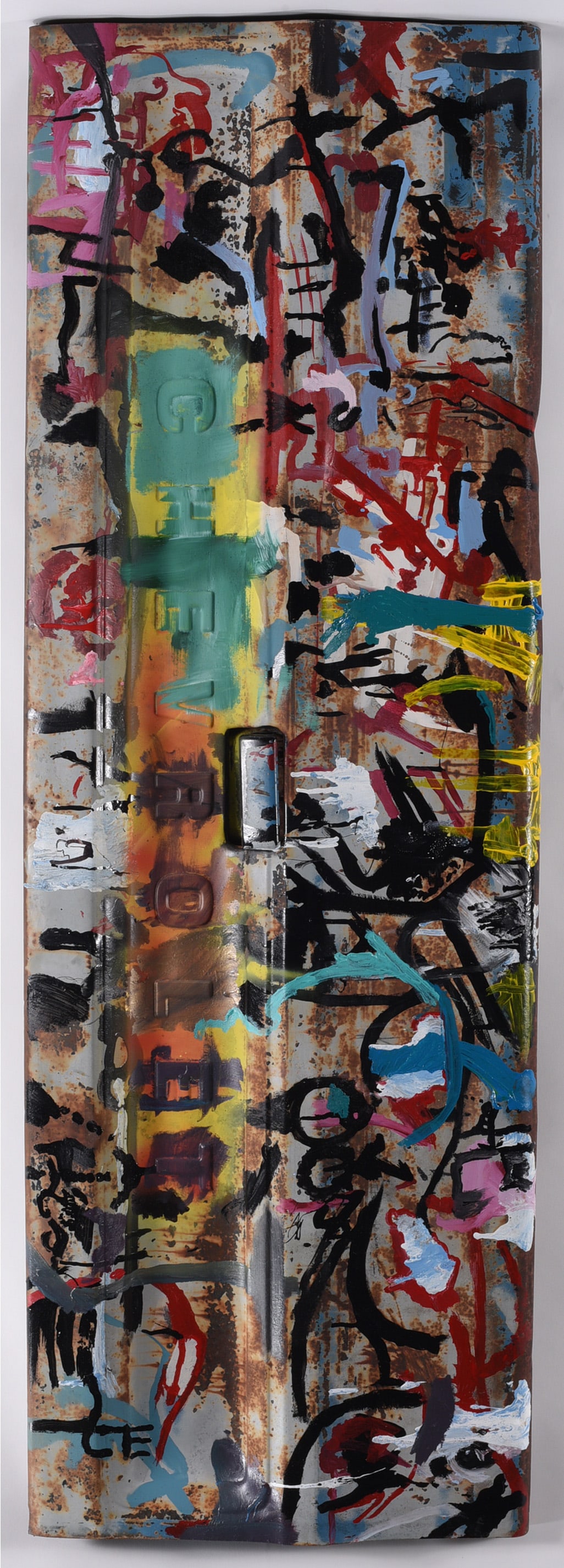 Andrew Harbin Sr. "Andy Harbin" Outsider Art Painting: Large-scale abstract outsider art painting by Andrew “Andy” Harbin Sr. featuring an exceptionally dense accumulation of colorful marks, lines, symbols, and fragmented imagery. Blues, reds, gre