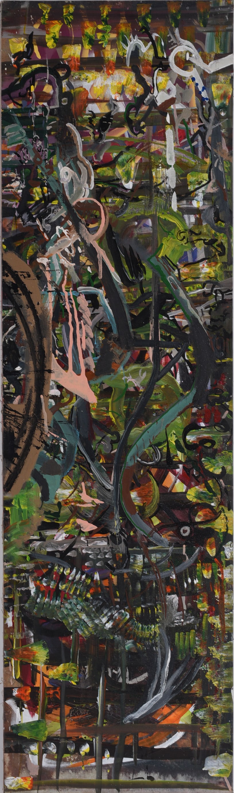 Andrew Harbin Sr. "Andy Harbin" Outsider Art Painting: Abstract outsider art painting by Andrew Harbin Sr. (Andy Harbin), executed with densely layered gestural brushwork in black, green, brown, pink, white, orange and yellow. The elongated composition is