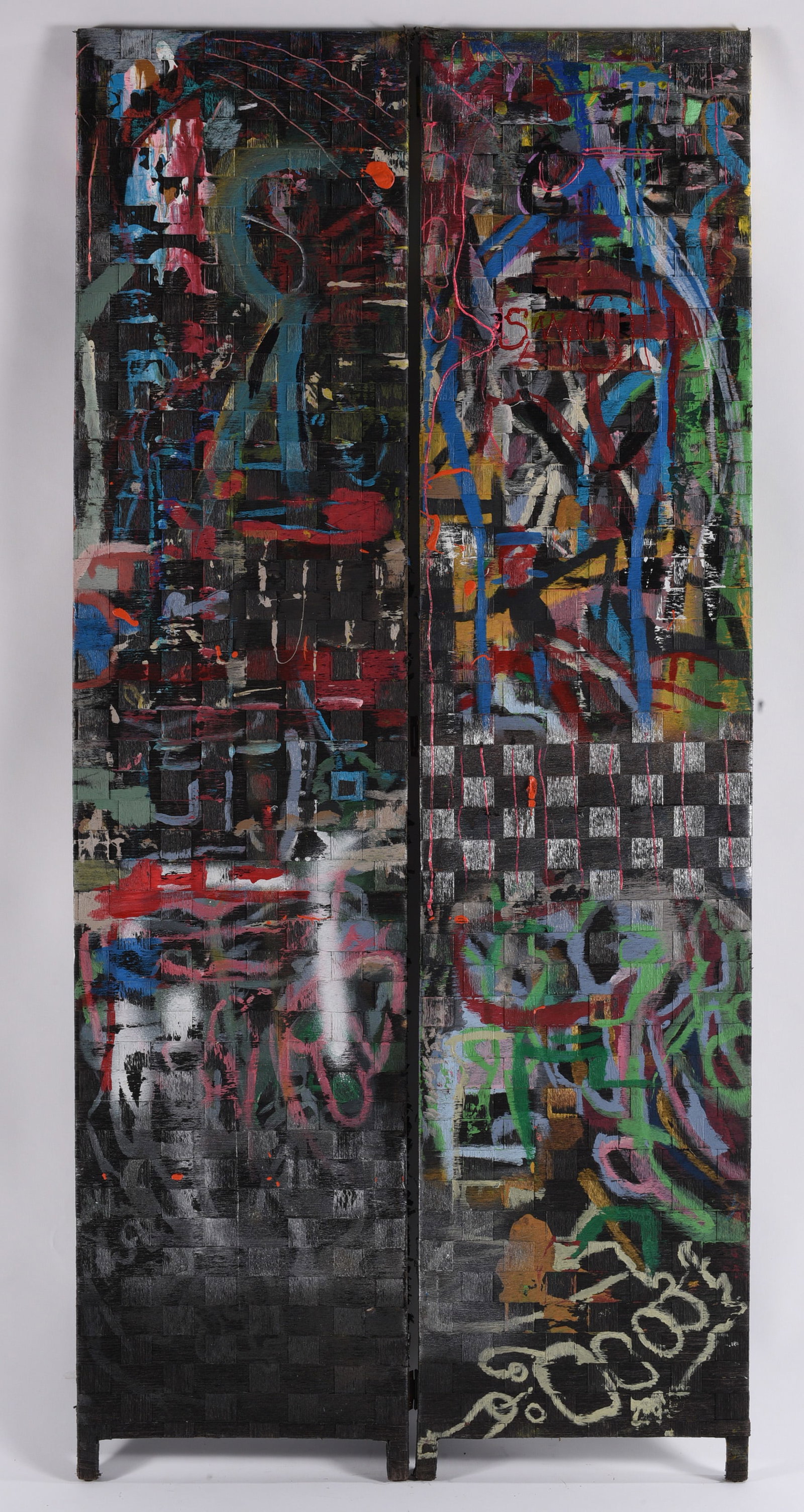 Andrew Harbin Sr. "Andy Harbin" Outsider Art Painting: Large mixed-media outsider art work by Andrew Harbin Sr. (Andy Harbin), created across the surfaces of a tall two-door cabinet. Dense layers of painted figures, symbols, grids, lines and colorful abst