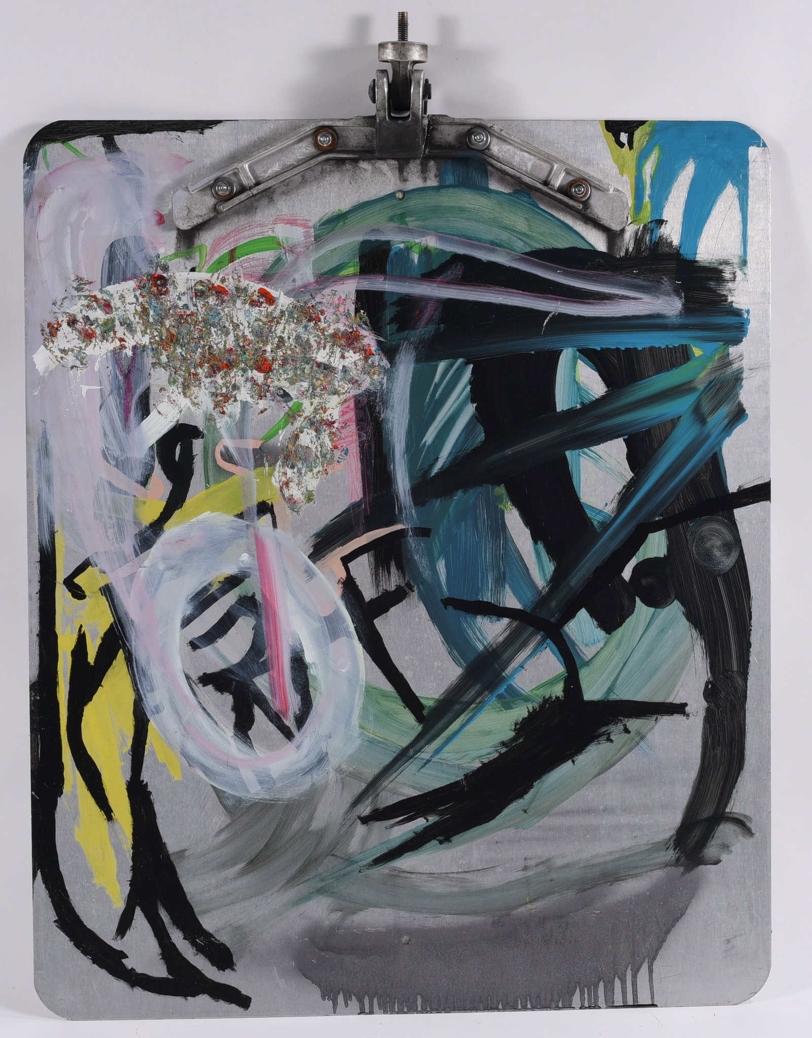 Andrew Harbin Sr. "Andy Harbin" Outsider Art Painting: Mixed-media outsider art painting by Andrew Harbin Sr. (Andy Harbin) executed on a metal panel incorporating mechanical hardware at the top. Broad gestural passages of black, blue, green, pink and whi