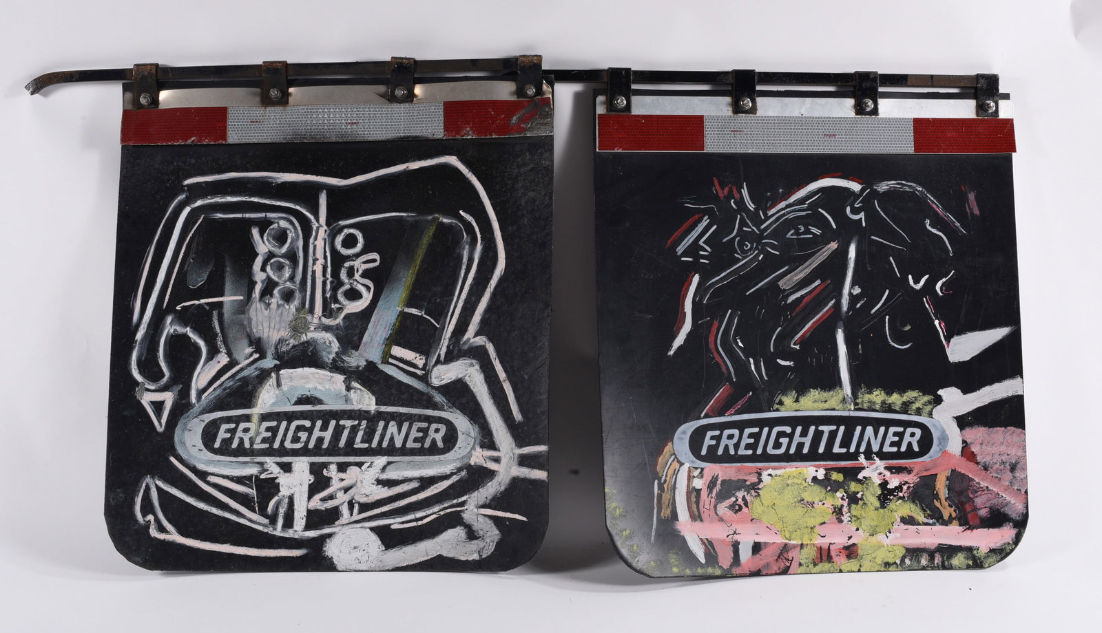 Andrew Harbin Sr. "Andy Harbin" Outsider Art Painting: Outsider art assemblage by Andrew Harbin Sr. (Andy Harbin) utilizing a pair of Freightliner truck mud flaps suspended from a metal support. Both flaps have been painted with expressive figural and abs