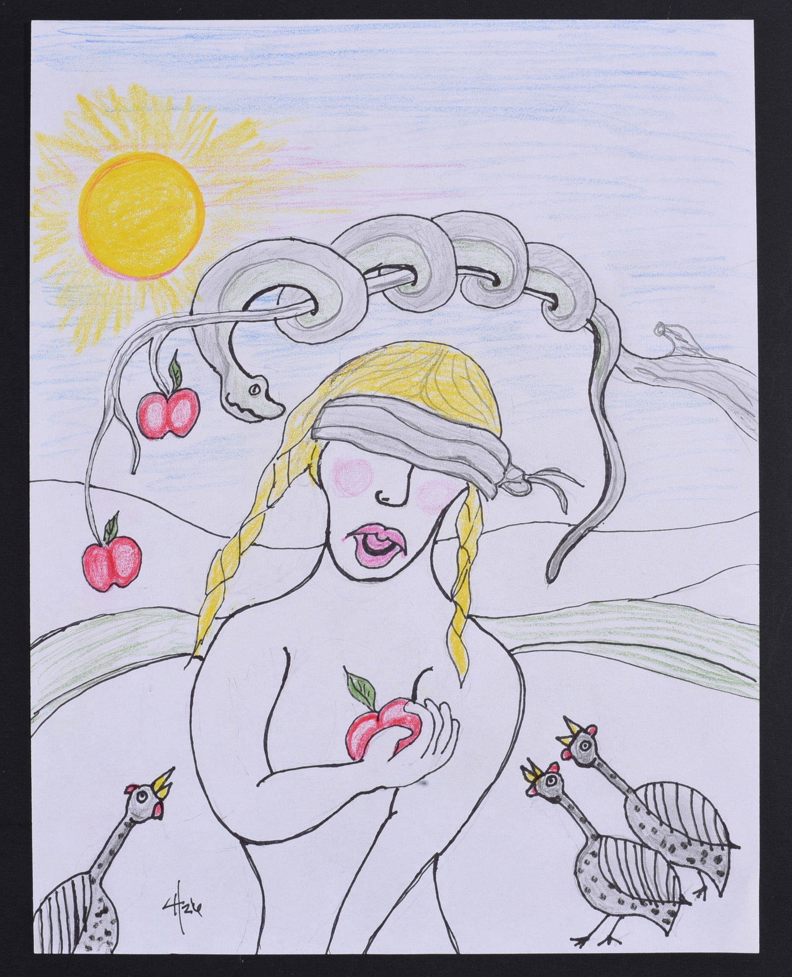 Gary Hardison Outsider Art Drawing: Gary Hardison outsider art drawing on paper depicting a blindfolded female figure holding an apple beneath a serpent winding through circular forms, with additional apples, birds and a radiant sun. Ex