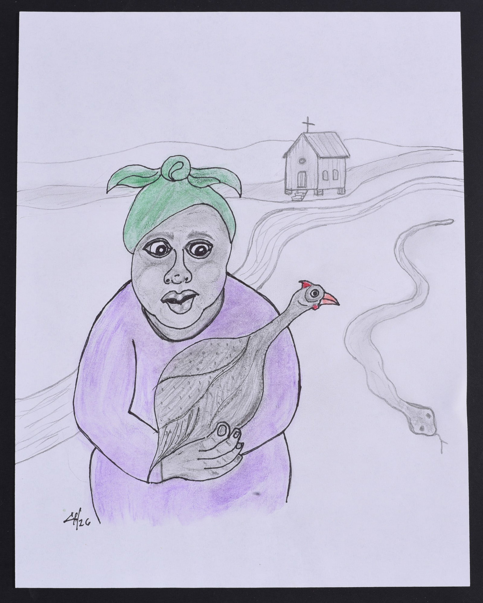 Gary Hardison Outsider Art Drawing: Gary Hardison outsider art drawing on paper depicting a woman holding a guinea fowl with a winding snake nearby and a small church in the distant landscape. Executed in graphite, ink and colored penci
