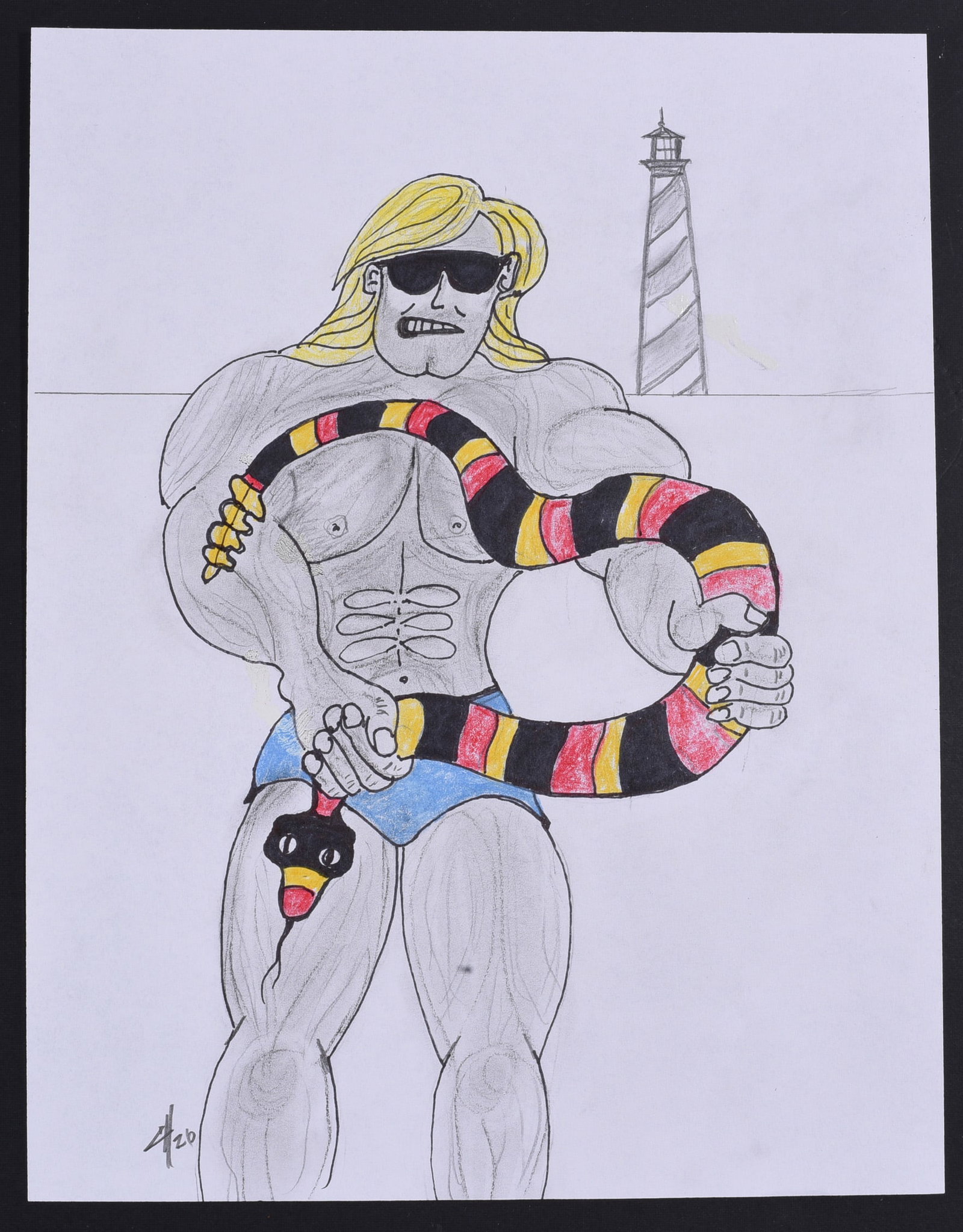 Gary Hardison Outsider Art Drawing: Gary Hardison outsider art drawing on paper depicting a muscular male figure wearing sunglasses and holding a large striped snake, with a lighthouse in the background. Executed in graphite, ink and co