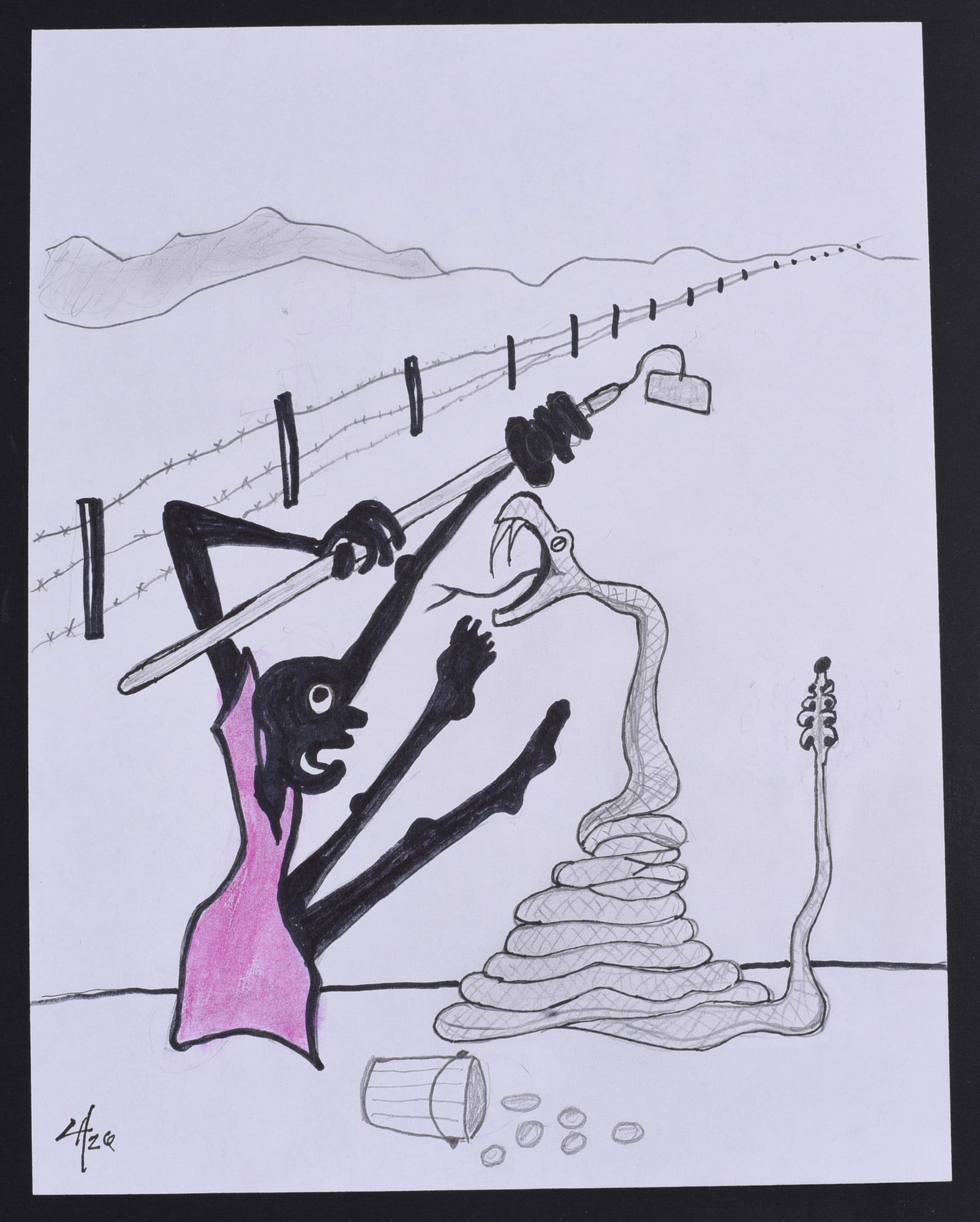 Gary Hardison Outsider Art Drawing: Gary Hardison outsider art drawing on paper depicting a stylized figure confronting a large coiled snake with a long-handled hoe, set against a rural landscape with fencing and distant mountains. Exec