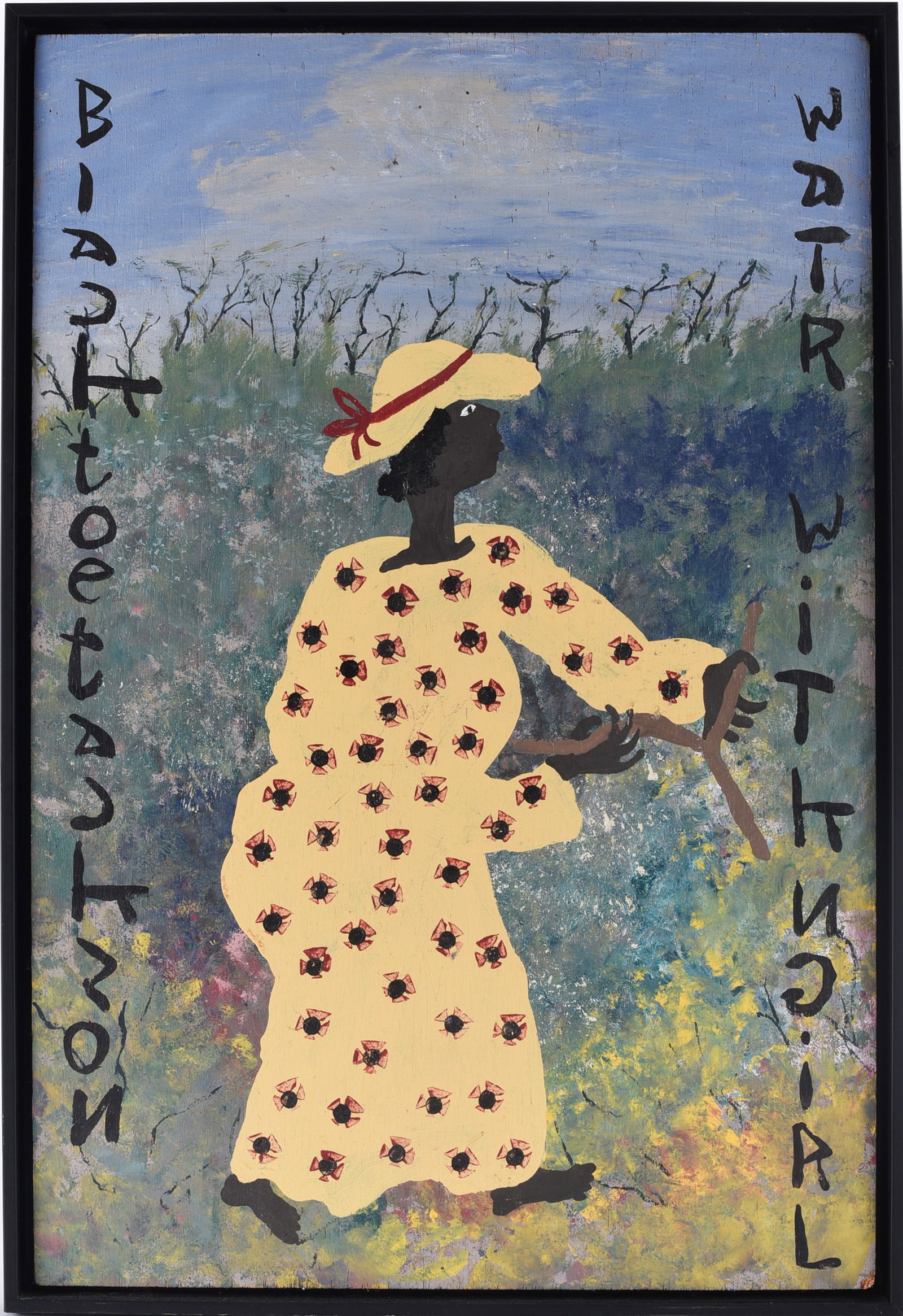 Black Joe Jackson Folk Art Painting: Folk art painting Black Joe Jackson depicting a standing woman in a yellow patterned dress and broad-brimmed hat holding a walking stick. The figure is set against a loosely painted landscape with the