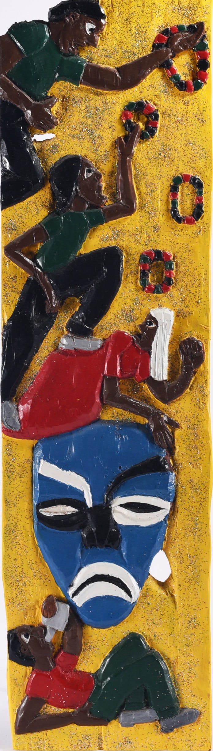 Herbert Singleton (1945 - 2007): Mixed media relief work by Herbert Singleton (1945-2007) featuring multiple figures, circular forms and a large central mask-like face against a bright yellow ground. The heavily modeled surface incor