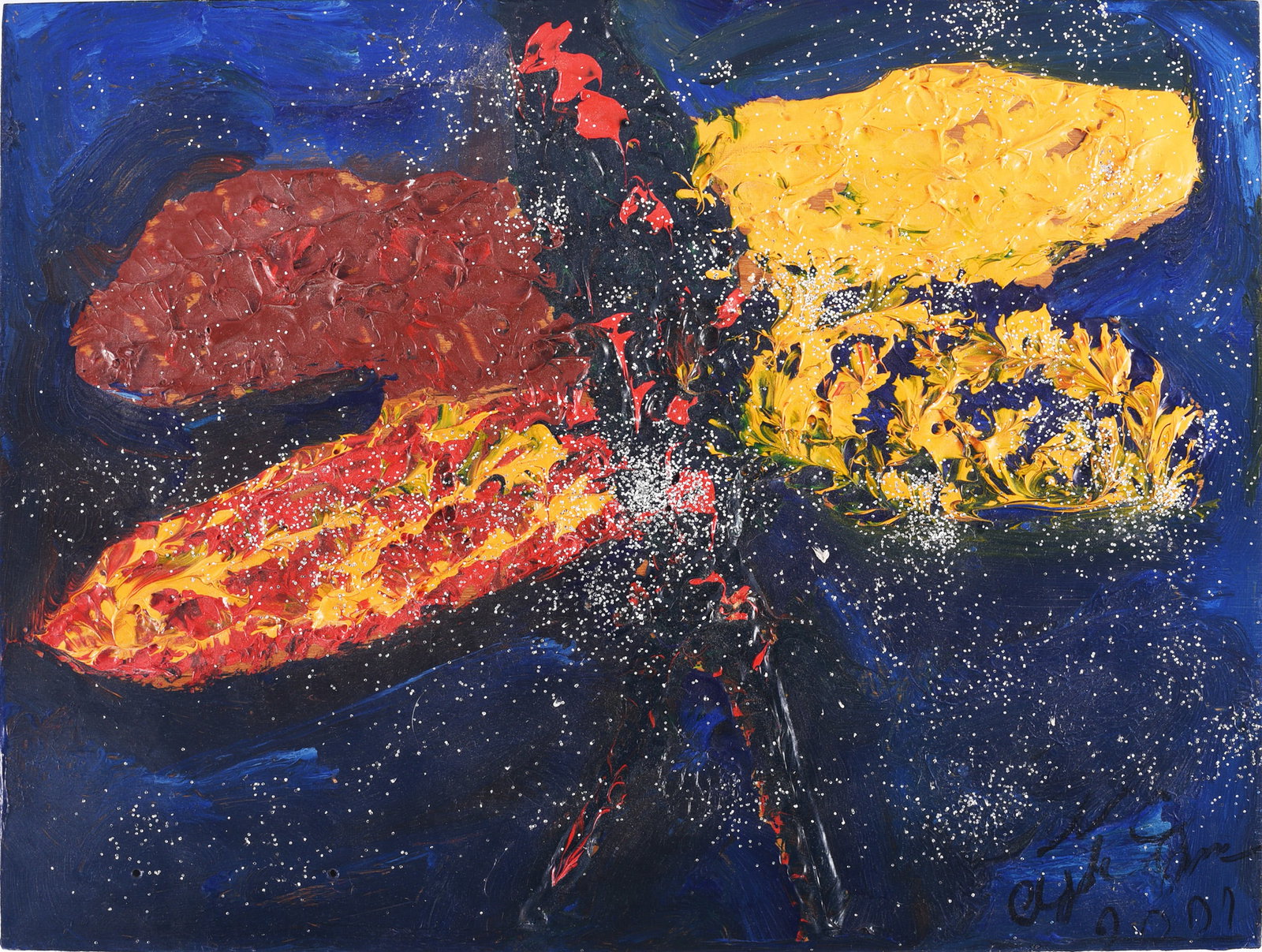 Clyde Jones Folk Art Painting: Folk art painting by Clyde Jones featuring boldly applied red, yellow and black forms against a deep blue ground. Thick impasto and scattered white accents create a highly textured surface, with