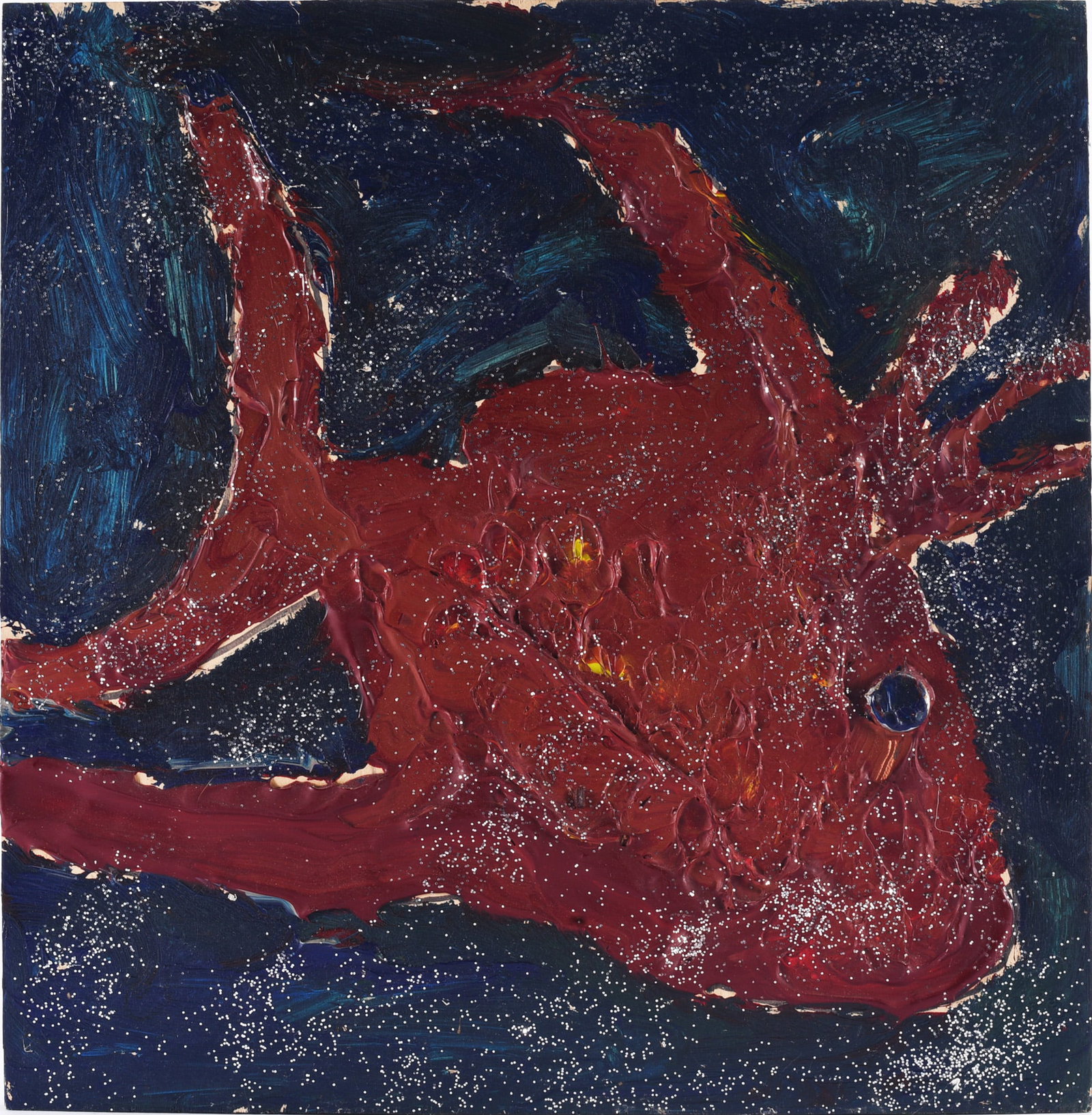 Clyde Jones Folk Art Painting: Folk art painting by Clyde Jones featuring a large red animal form against a dark blue ground. Heavy, tactile applications of paint and scattered white accents give the surface a strongly dimensional