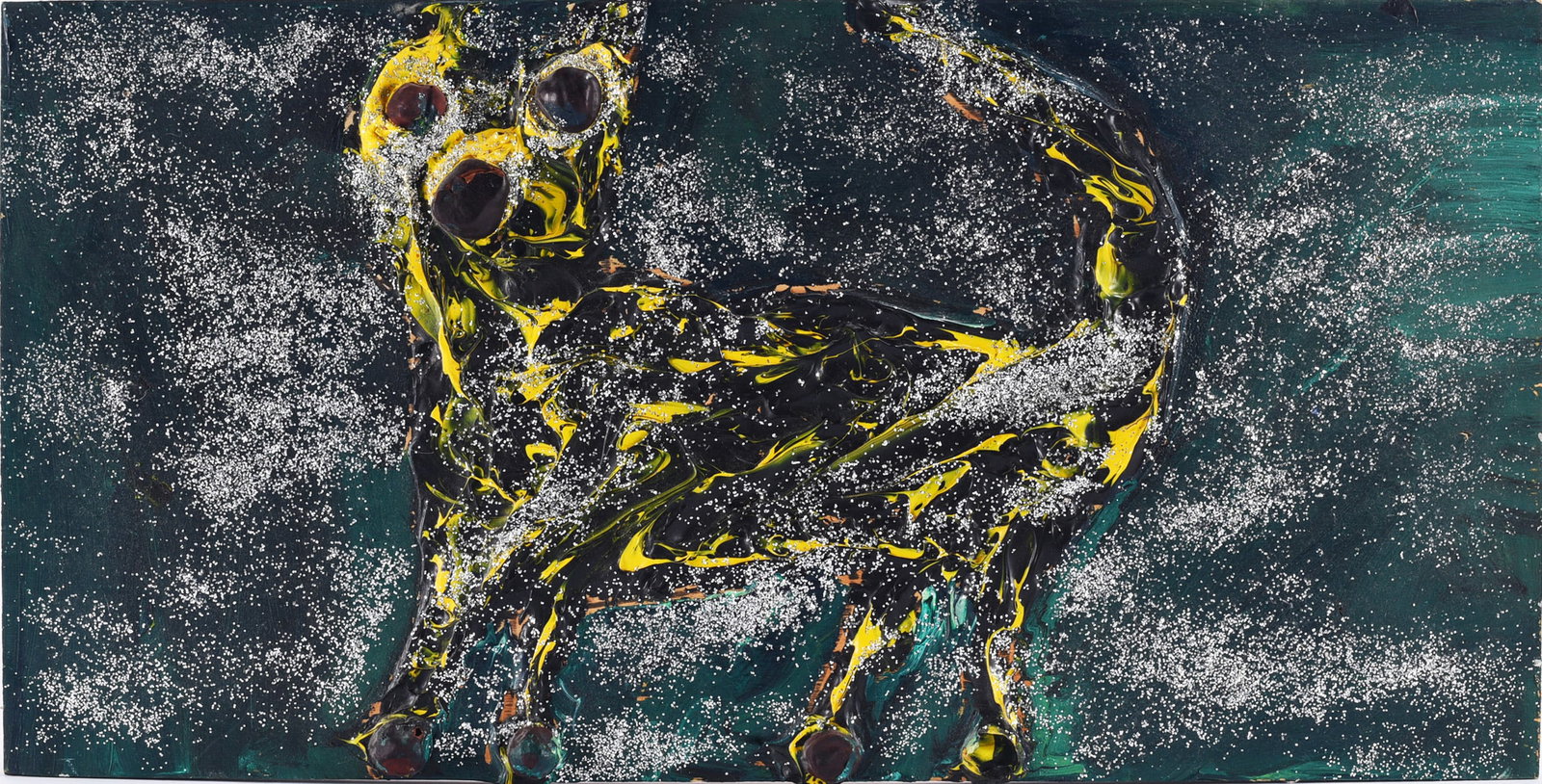 Clyde Jones Folk Art Painting: Folk art painting by Clyde Jones depicting an animated animal-like figure in black and yellow against a dark green-blue ground. Thickly applied paint and abundant white speckled accents create a