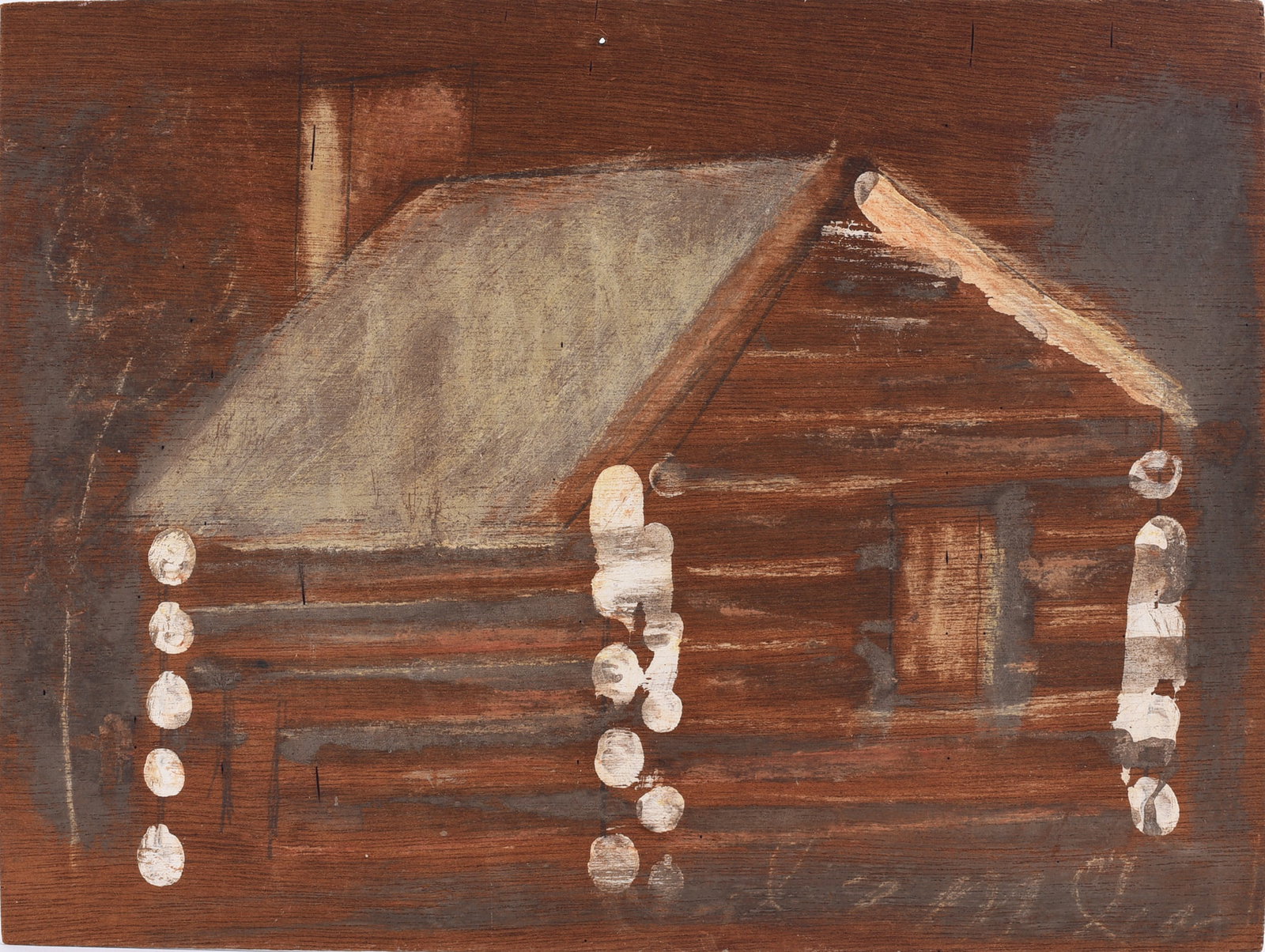 Jimmy Lee Sudduth Painting: Painting by Jimmy Lee Sudduth depicting a rustic cabin or house in earthy brown, gray and white tones. The structure is reduced to simple geometric forms with loosely rendered architectural details