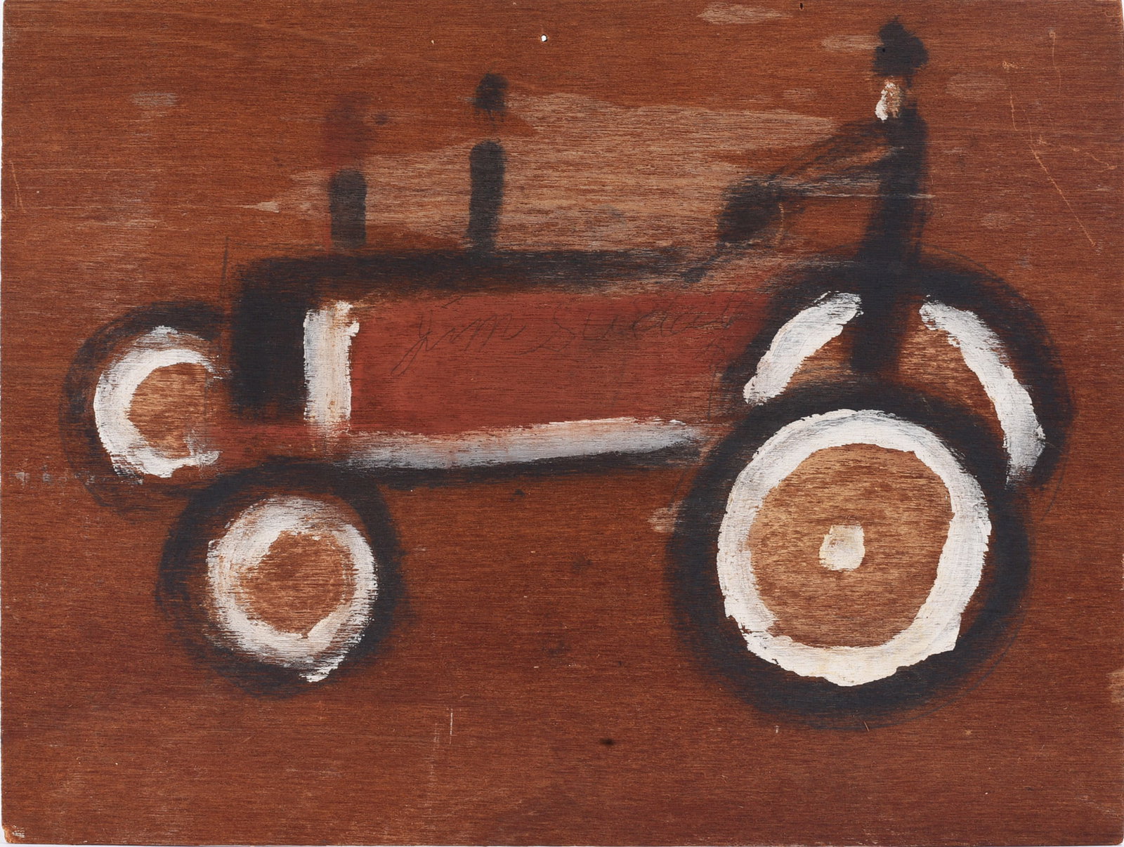 Jimmy Lee Sudduth Painting: Painting by Jimmy Lee Sudduth depicting a tractor in profile, rendered in brown, black and white on a wood panel. The machine is simplified into bold wheels and block-like forms with a faint