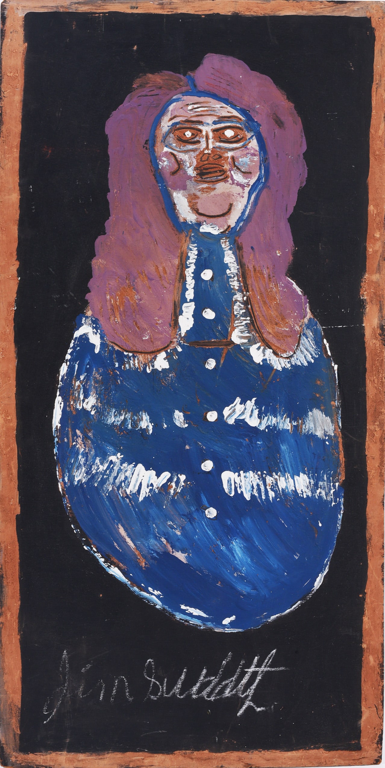 Jimmy Lee Sudduth Painting: Painting by Jimmy Lee Sudduth featuring a frontal female figure against a black ground, rendered in blue, purple, brown and white with an earthy, expressive surface. Signed "Jim Sudduth" along the