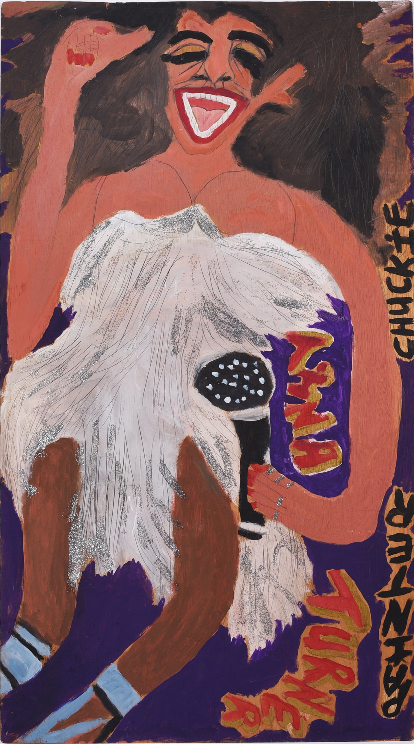 Artist Chuckie Williams (1957-2000): Folk art painting by Chuckie Williams (1957-2000) depicting a glamorous female singer holding a microphone, with another figure positioned in the foreground. Bold purple, white, red and flesh tones
