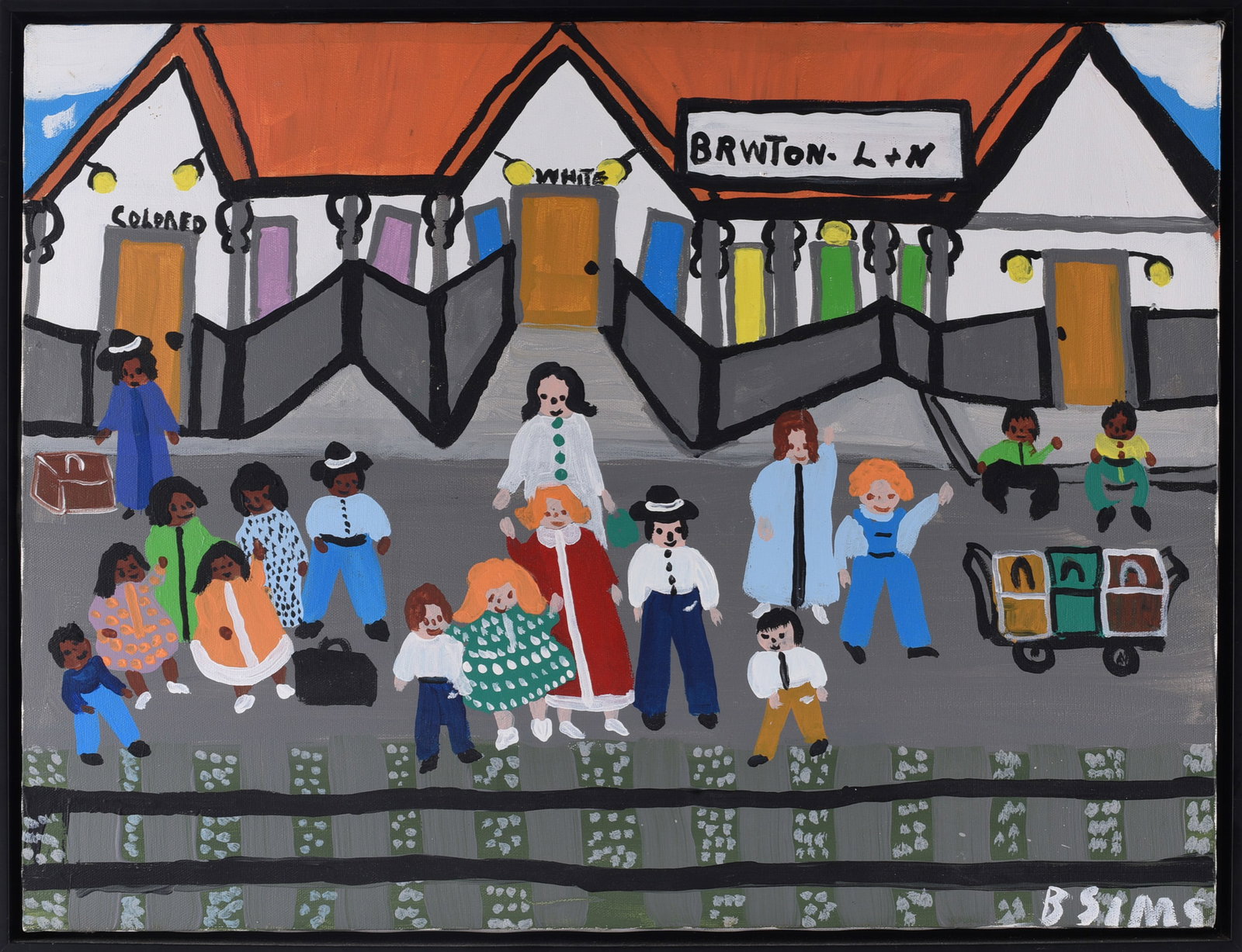 Bernice Sims Painting on Canvas: Bernice Sims folk art painting on canvas depicting a lively street scene with numerous figures gathered before a row of buildings. Executed in bright orange, gray, blue, green and other colors with