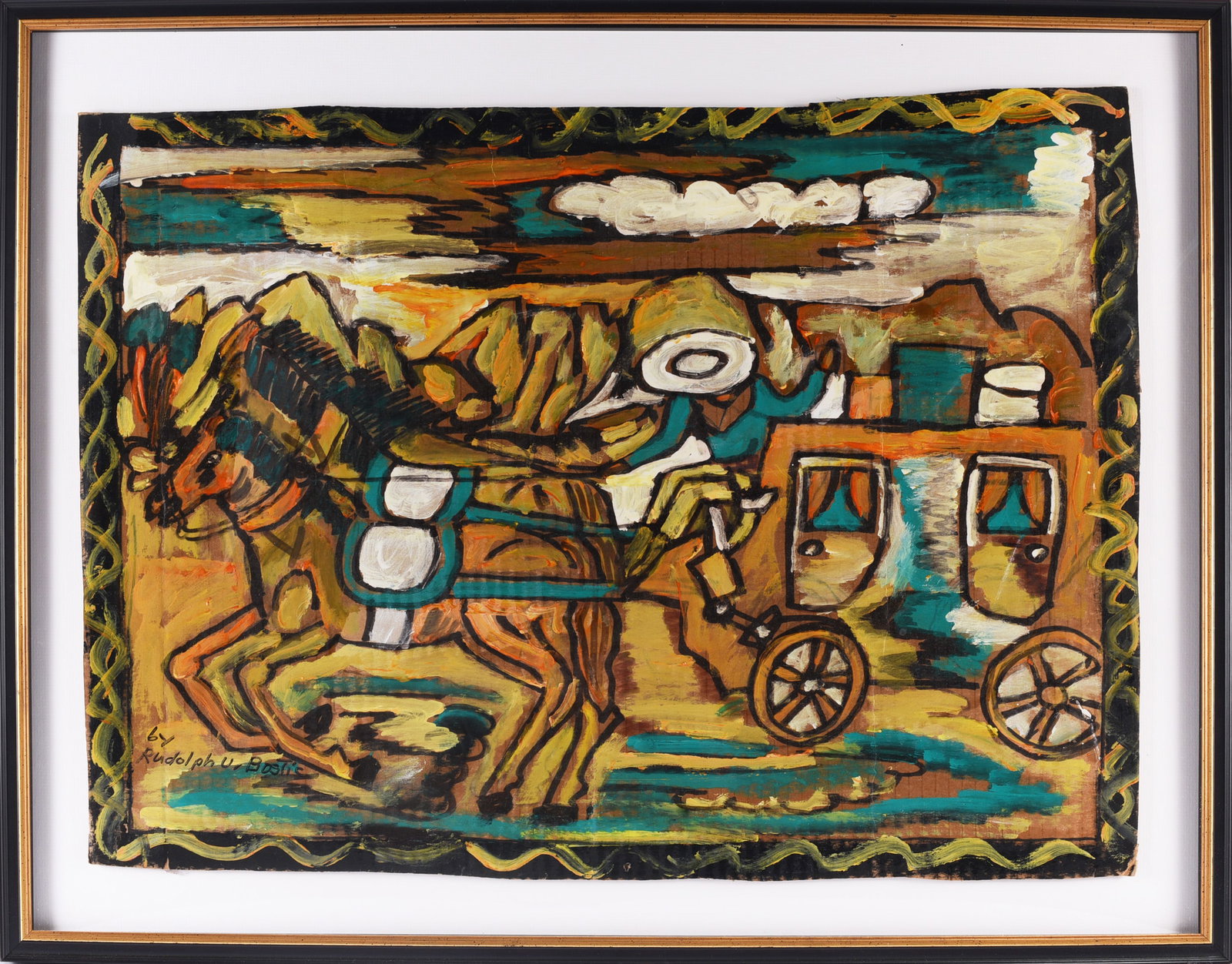 Rudolph Bostic Painting: Rudolph Bostic folk art painting depicting a horse-drawn stagecoach traveling through a mountainous landscape. Executed in rich earth tones, turquoise, yellow, black and white with bold outlines and a